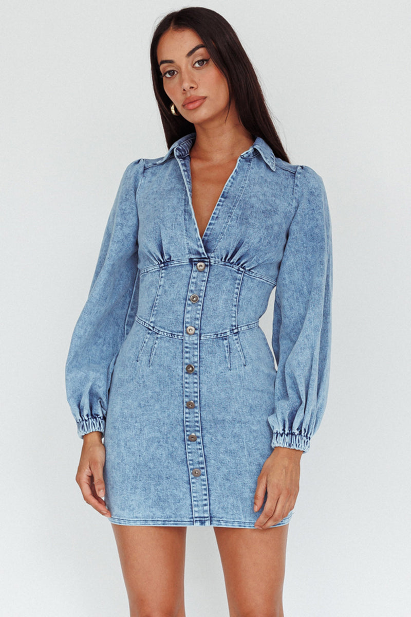 Tie Neck Long Sleeve Mini Denim Dress