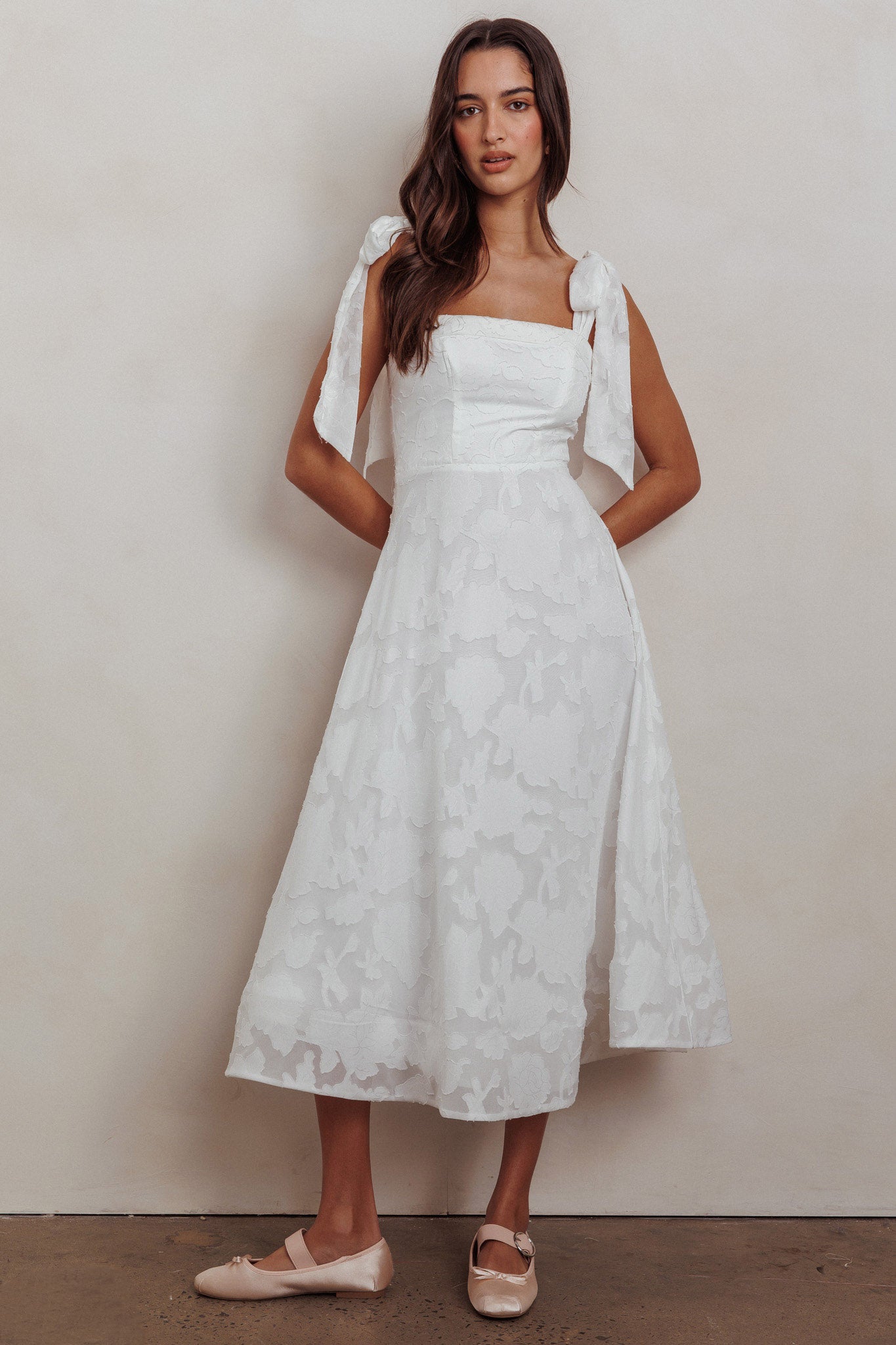 Jeanie Bow Shoulder Midi Dress Embossed White | Selfie Leslie Jeanie Bow Shoulder Midi Dress Embossed White | Selfie Leslie