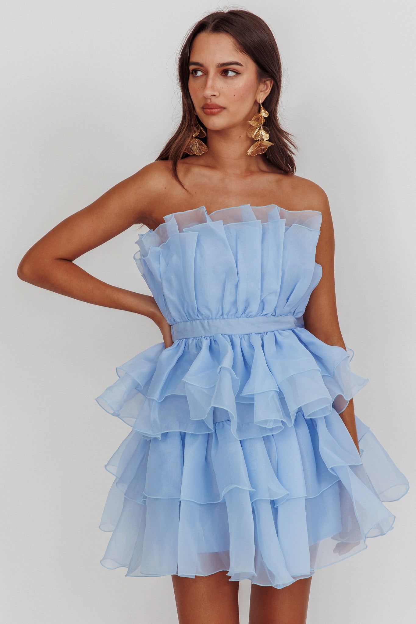 Bon Bon Tiered Chiffon Mini Dress Baby Blue - S Bon Bon Tiered Chiffon Mini Dress Baby Blue - S
