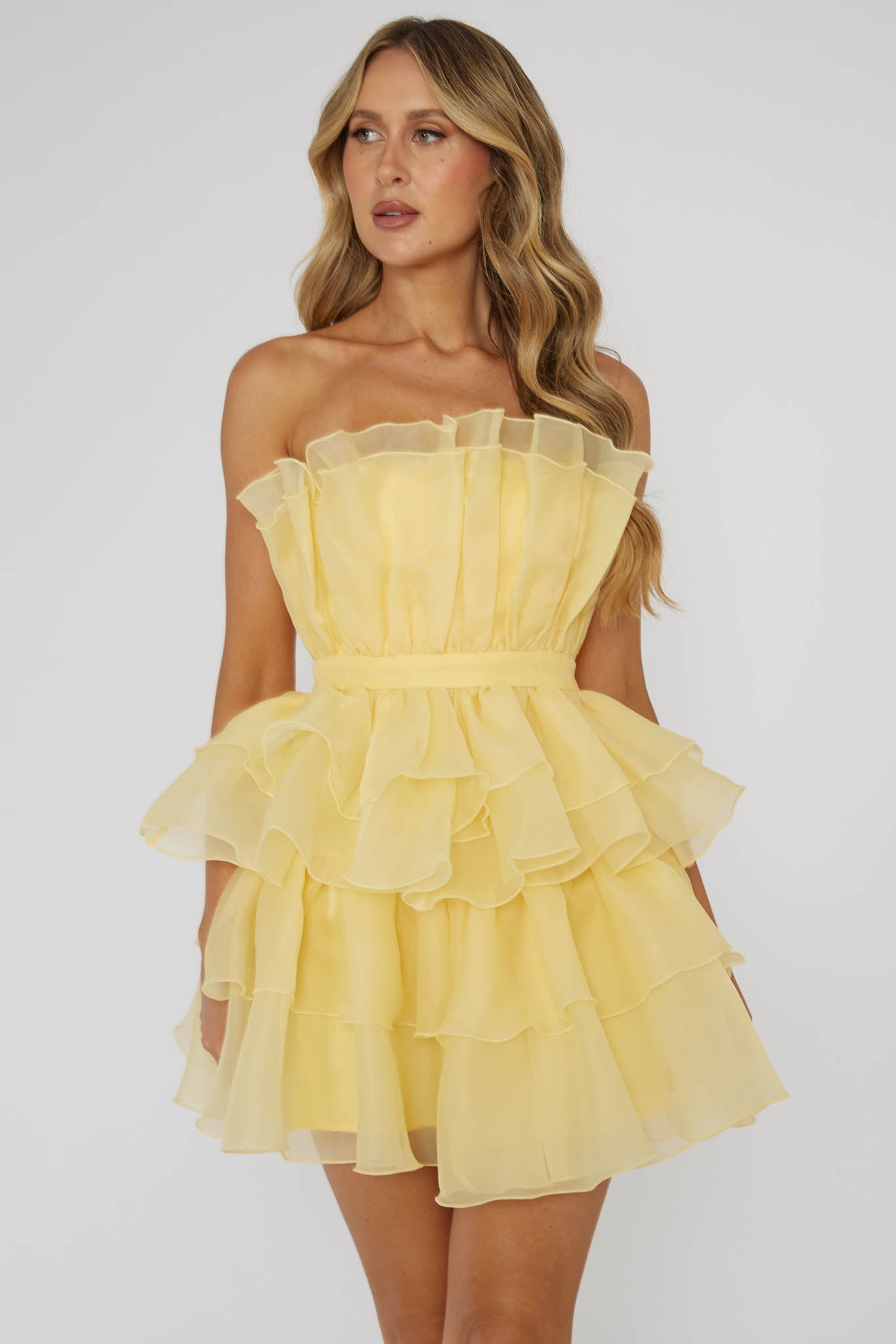Bon Bon Tiered Chiffon Mini Dress Yellow - L Bon Bon Tiered Chiffon Mini Dress Yellow - L