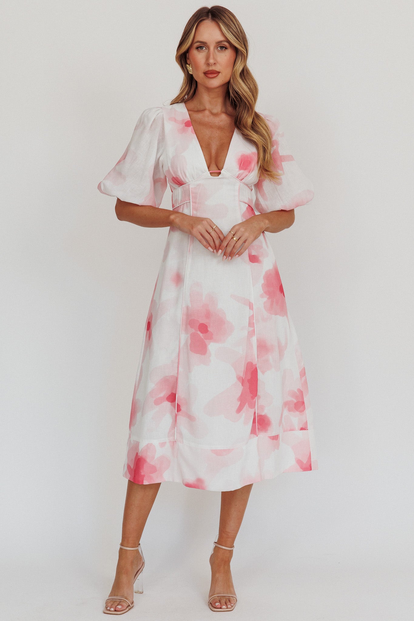 elegant a line midi dress with sleeves White Wrap Elegant V-Neck Flutter Sleeve Belted A-Line Midi Dress –  ShineFashions.ie main image 1