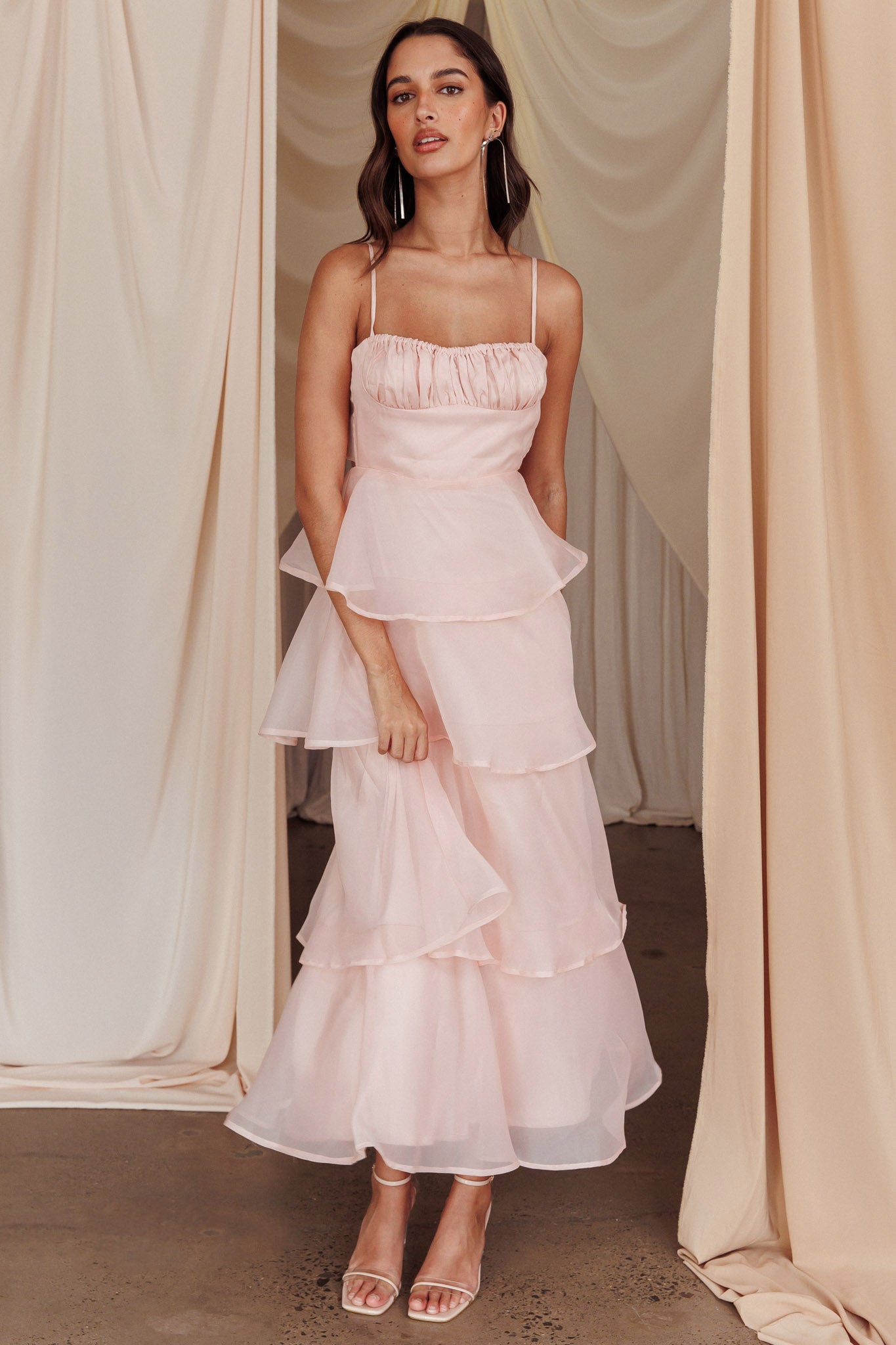Provence Bloom Tiered Midi Dress Blush L