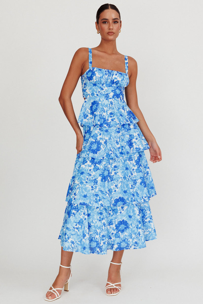 Provence Bloom Tiered Maxi Dress Floral Blue