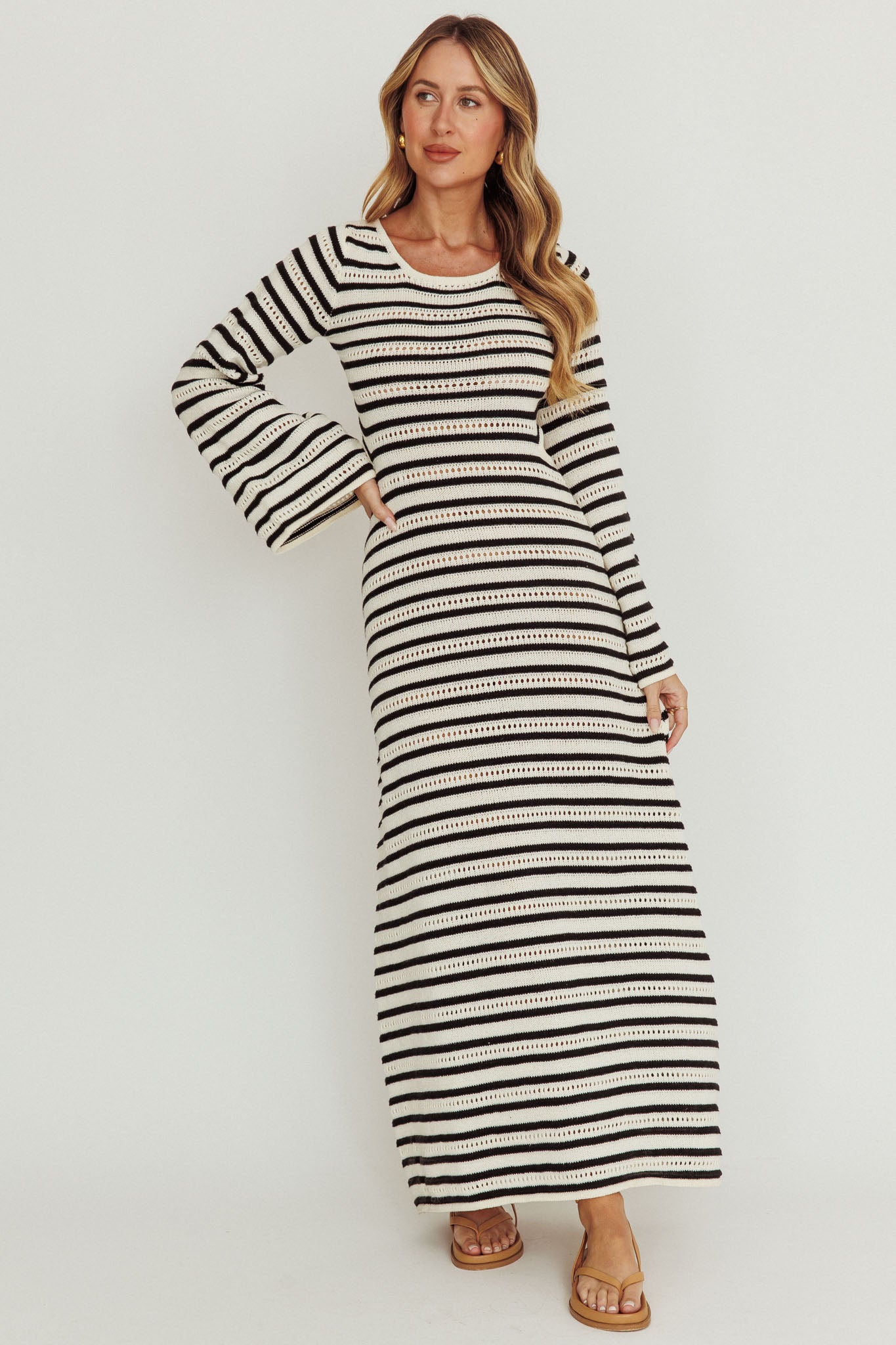 Meredith Long Sleeve Cut-Out Maxi Dress Cream Black– Selfie Leslie