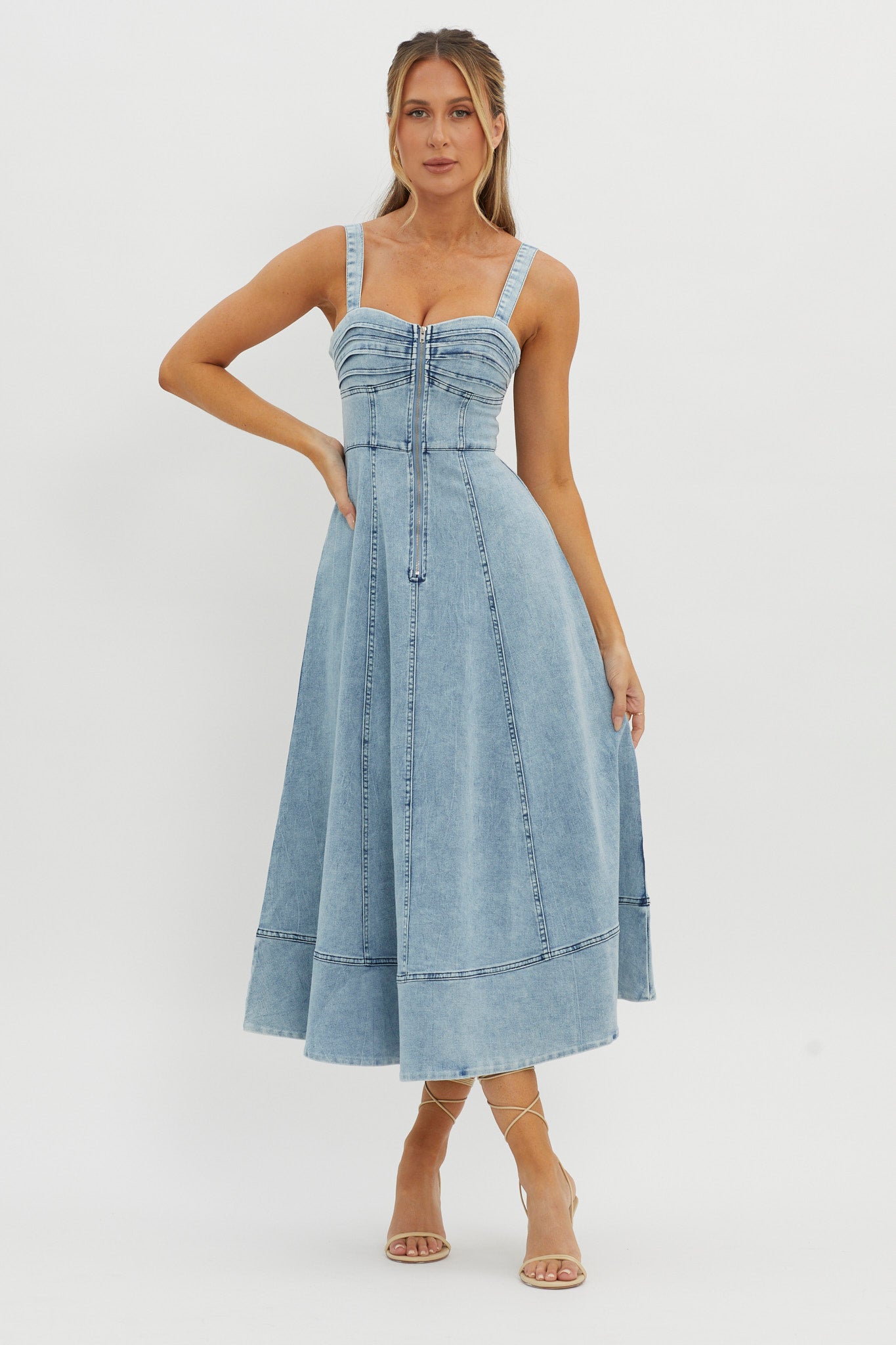 Emilio Pleated Bust A-Line Midi Dress Denim Blue– Selfie Leslie