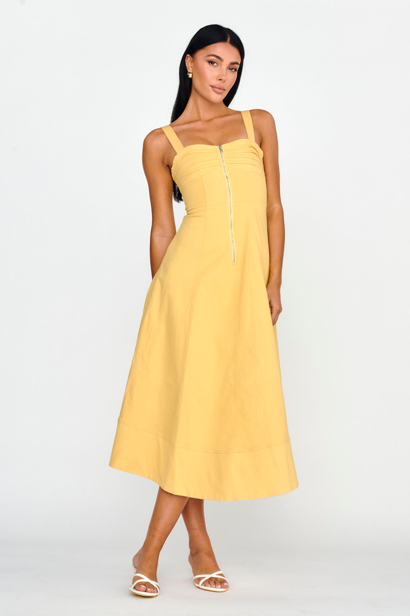 yellow a line midi dress Yellow Cotton Poplin A-Line Detachable Sleeve Flared Midi Dress 46" / Petite (5'1" and below)