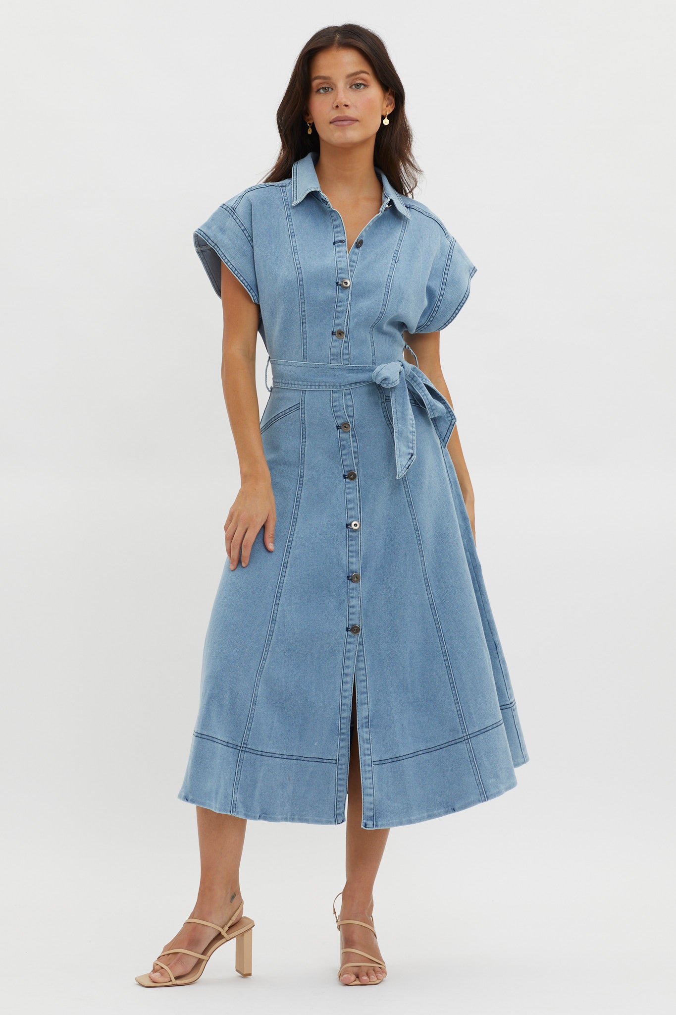 knee length dresses for ladies Laureen Short Sleeve Midi Dress Denim Blue– Selfie Leslie
