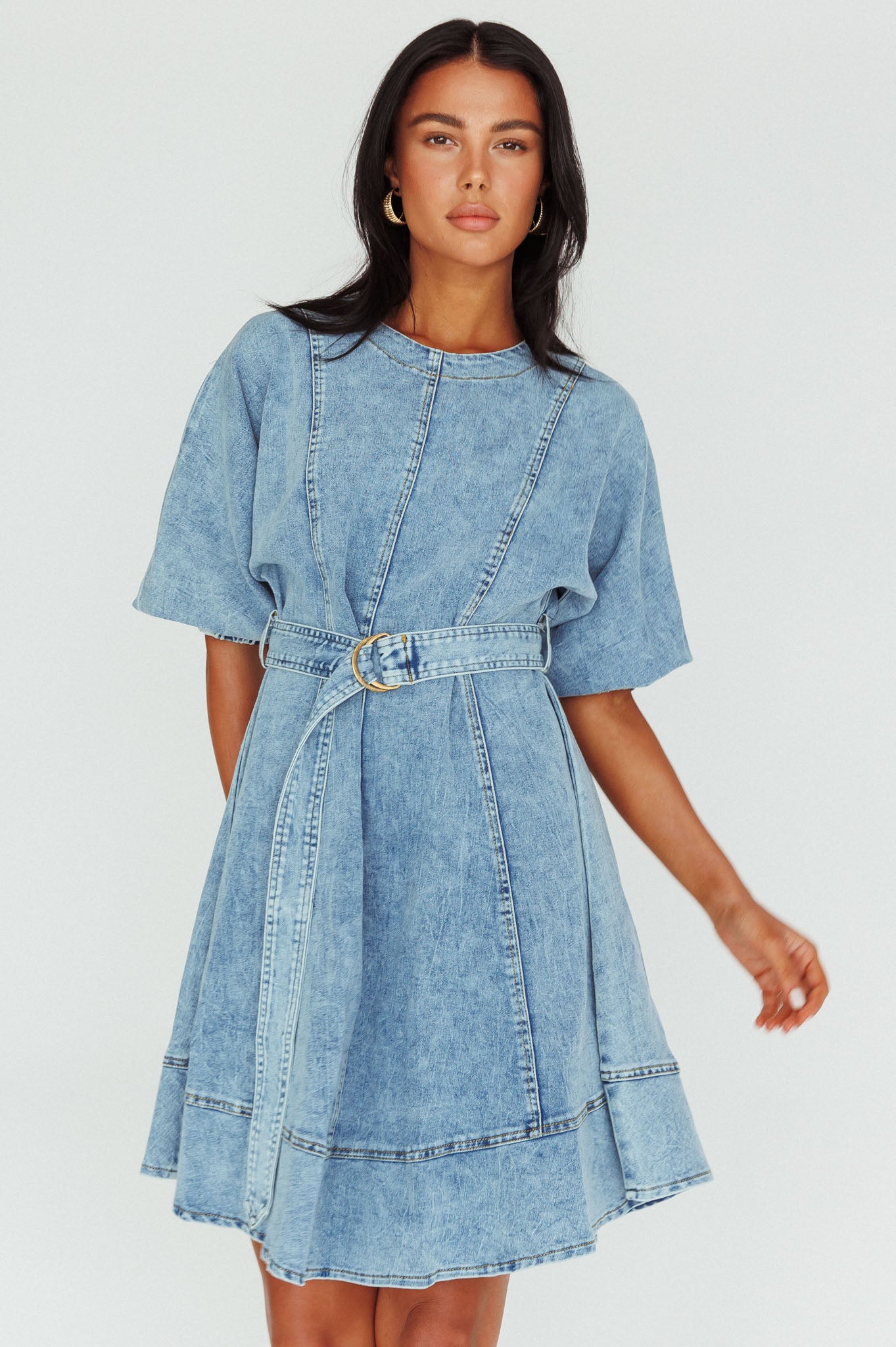 puff sleeve belted denim dress Denim Puff Sleeve Belted Dress