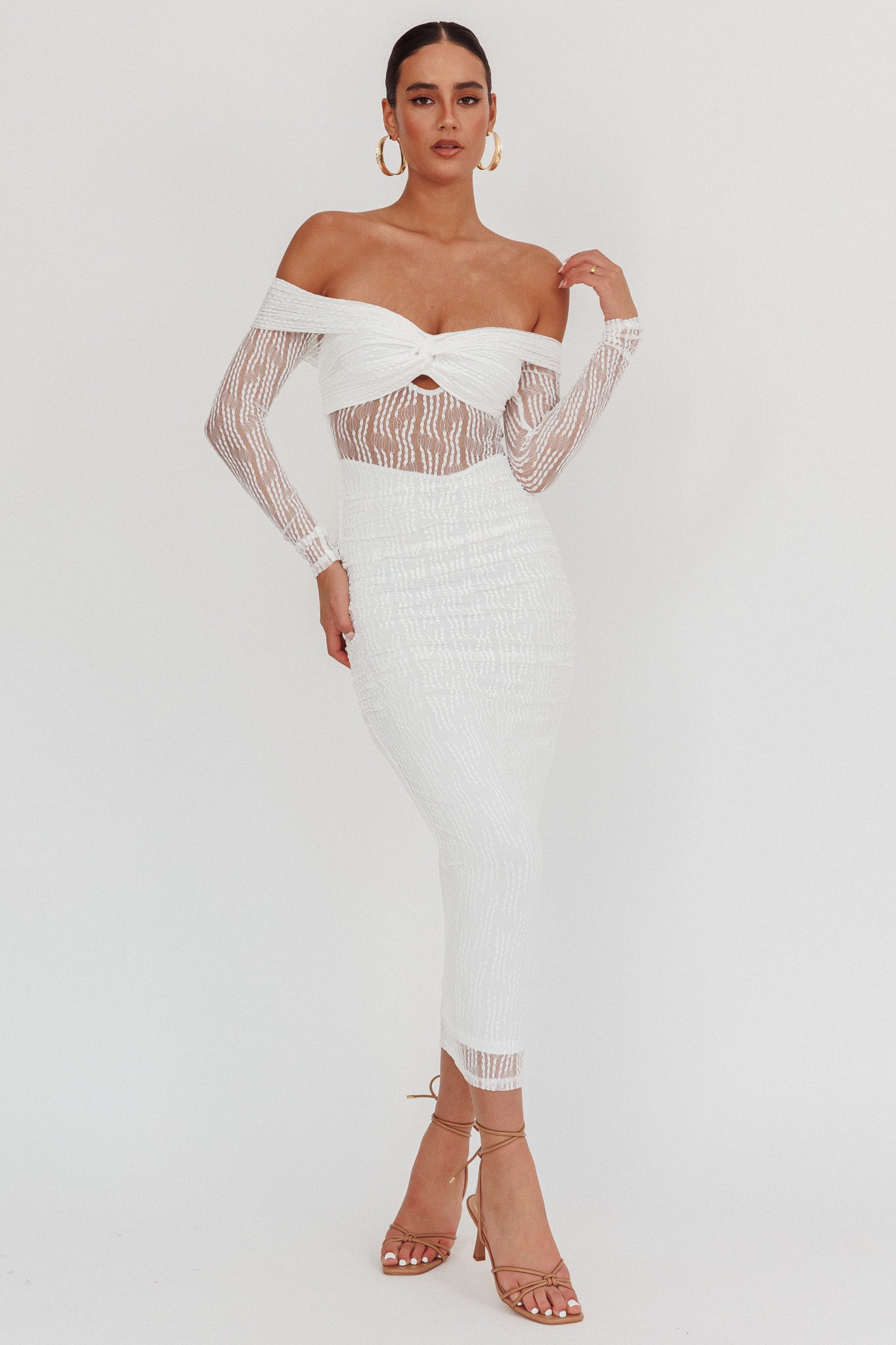 Oliana Off-Shoulder Mesh Maxi Dress White Oliana Off-Shoulder Mesh Maxi Dress White