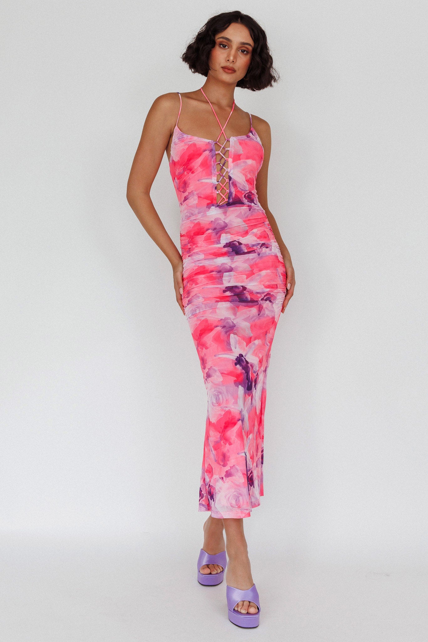 Gypsy Garden Laced Bodice Ruched Midi Dress Pink - XL Gypsy Garden Laced Bodice Ruched Midi Dress Pink - XL