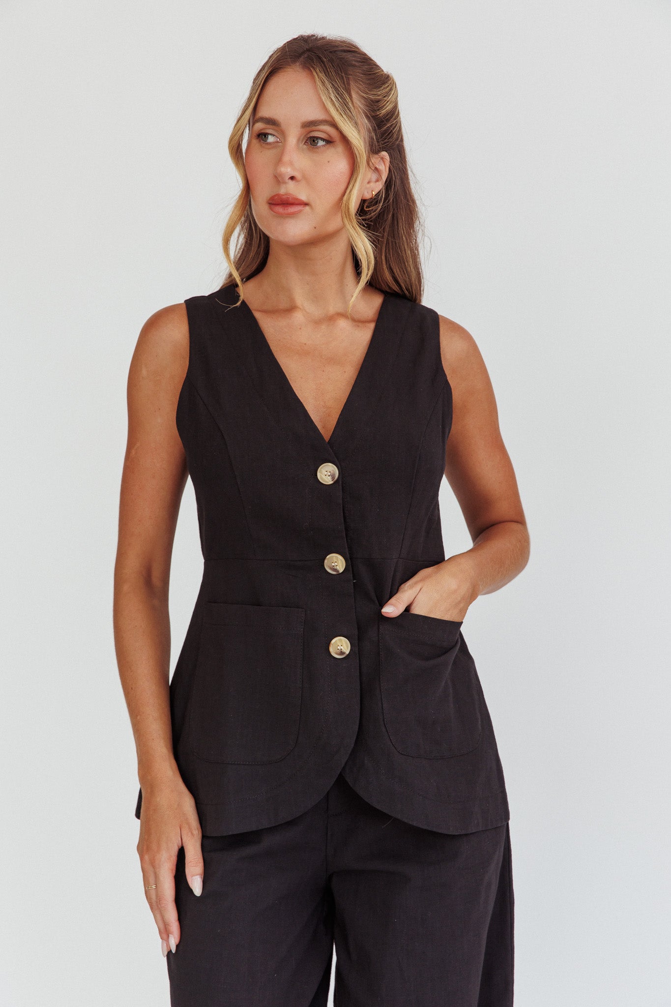 Philomena Button Pocket Vest Top Black Philomena Button Pocket Vest Top Black