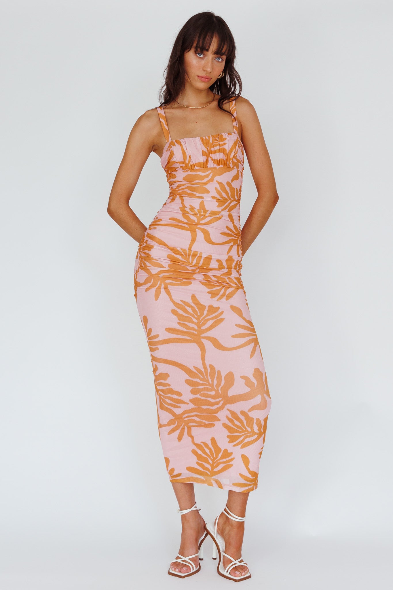 Hawaiian Sun Ruched Bust Midi Dress Print Pink Hawaiian Sun Ruched Bust Midi Dress Print Pink