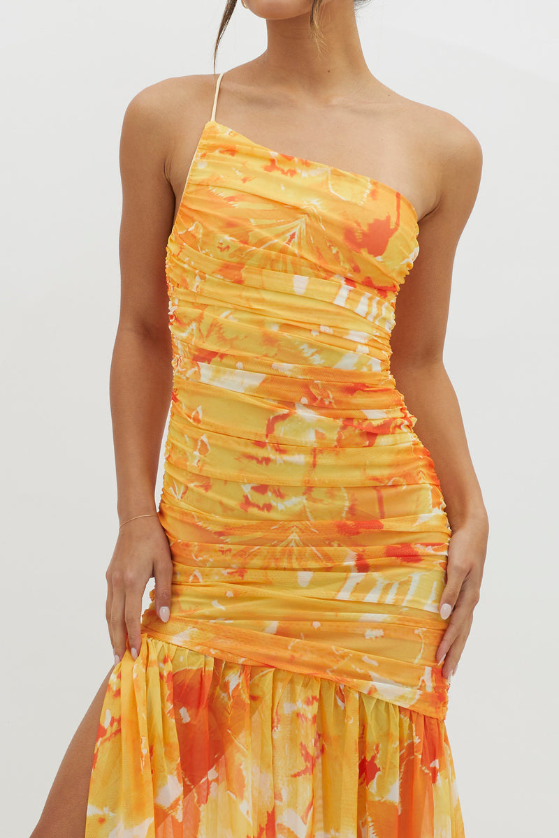 Shop the Golden Sun One-Shoulder Ruched Maxi Dress Yellow