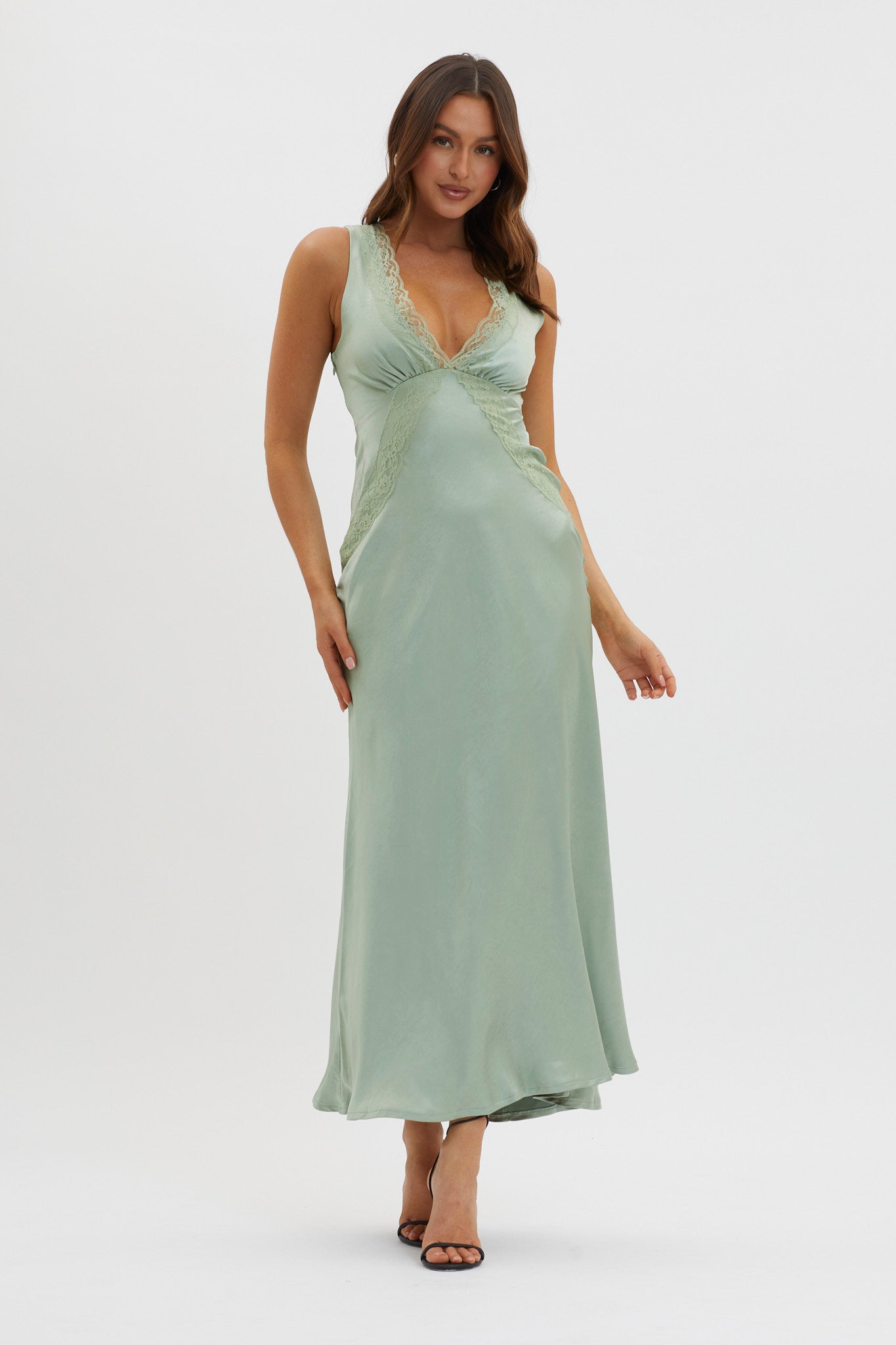 Ivonne Lace Trim V-Neck Maxi Dress Sage Ivonne Lace Trim V-Neck Maxi Dress Sage