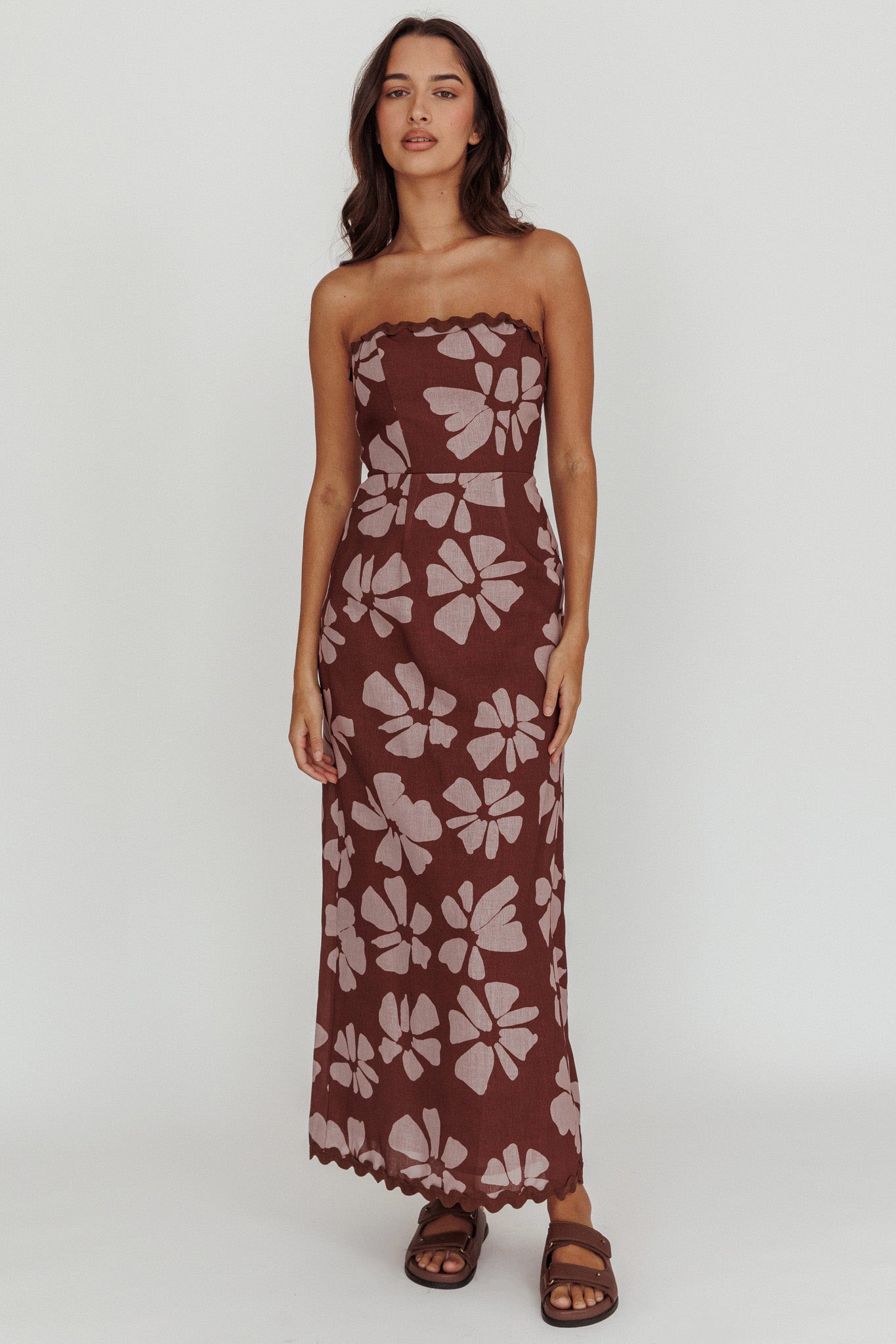 Cypress Floral Strapless Maxi Dress Brown Selfie Leslie Cypress Floral Strapless Maxi Dress Brown Selfie Leslie