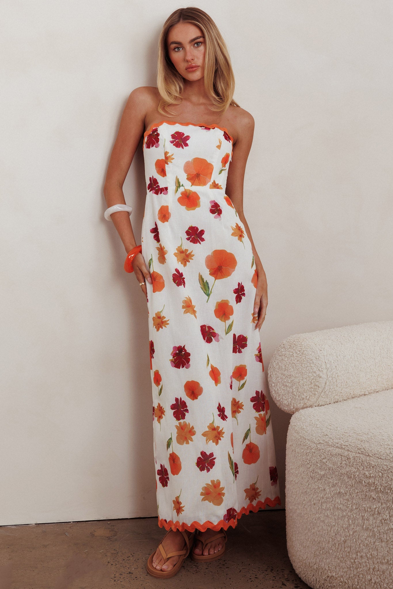 chinese dress ladies Cypress Ric Rac Trim Floral Strapless Maxi Dress Orange Multi