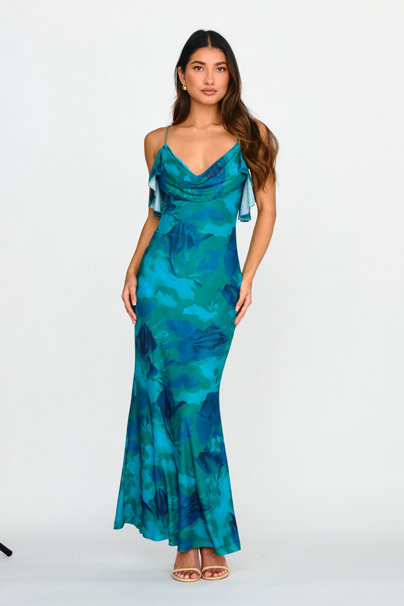 Jannie Draped Neckline Cami Dress Abstract Green Jannie Draped Neckline Cami Dress Abstract Green