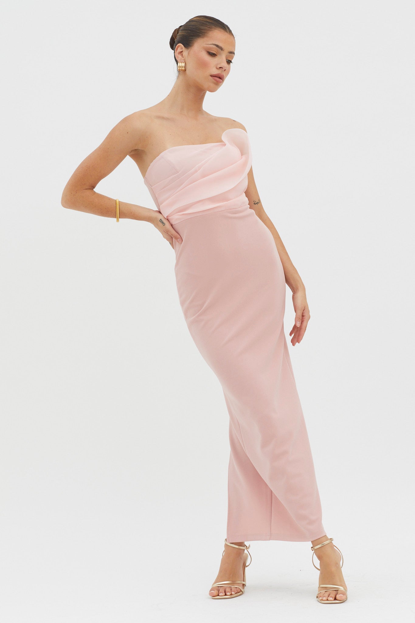 fitted lace wedding dress Karaline Strapless Bust Accent Maxi Dress Blush