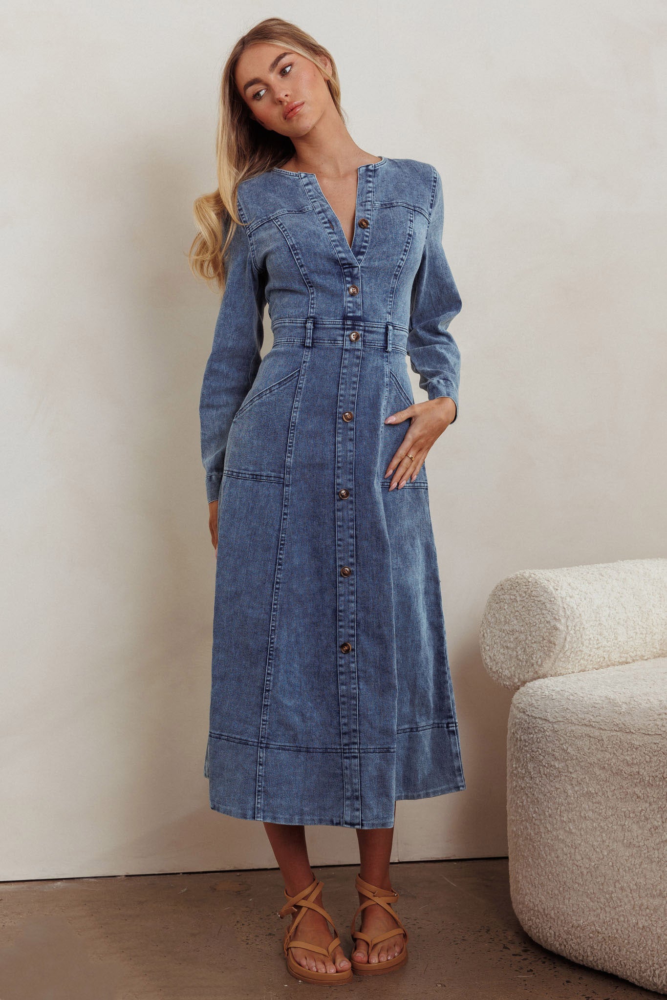 midi denim dress with pockets I'm All In Dark Wash Denim Tie-Belt Midi Dress