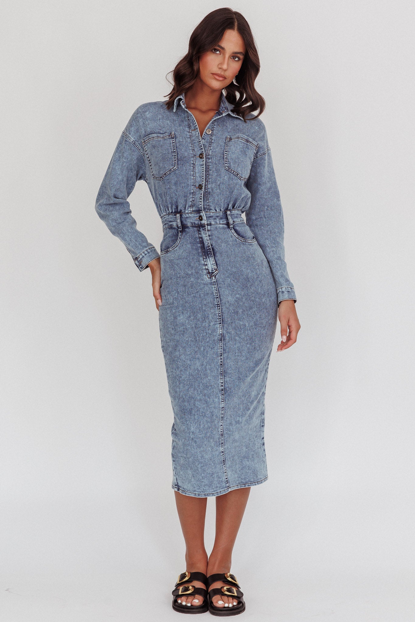 fitted lace wedding dress Lt. Denim Button-Down Puff Sleeve Denim Midi Dress Small main image 0