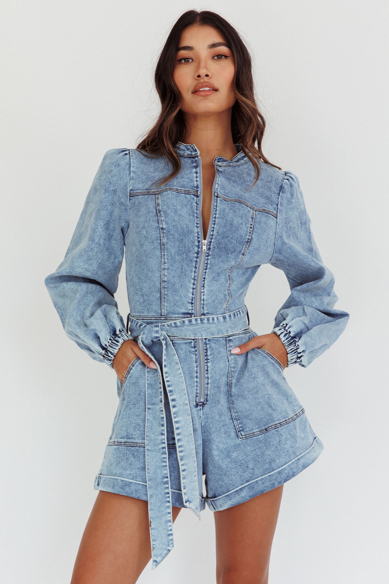 Real World Zip Front Romper Denim Blue Selfie Leslie Real World Zip Front Romper Denim Blue Selfie Leslie