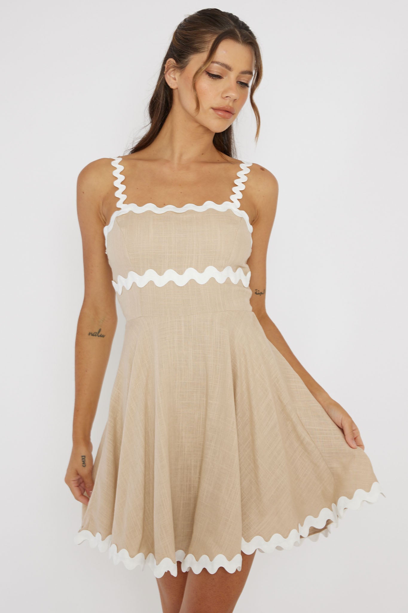 Won Me Over Ric Rac Trim Mini Dress Beige Won Me Over Ric Rac Trim Mini Dress Beige