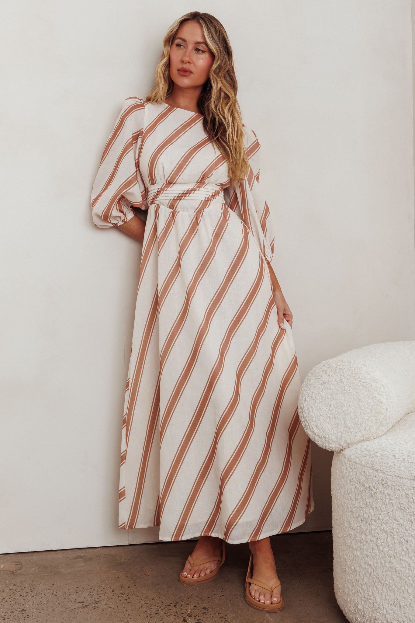 fitted lace wedding dress Transcendent Puff Sleeves Striped Maxi Dress Tan– Selfie Leslie