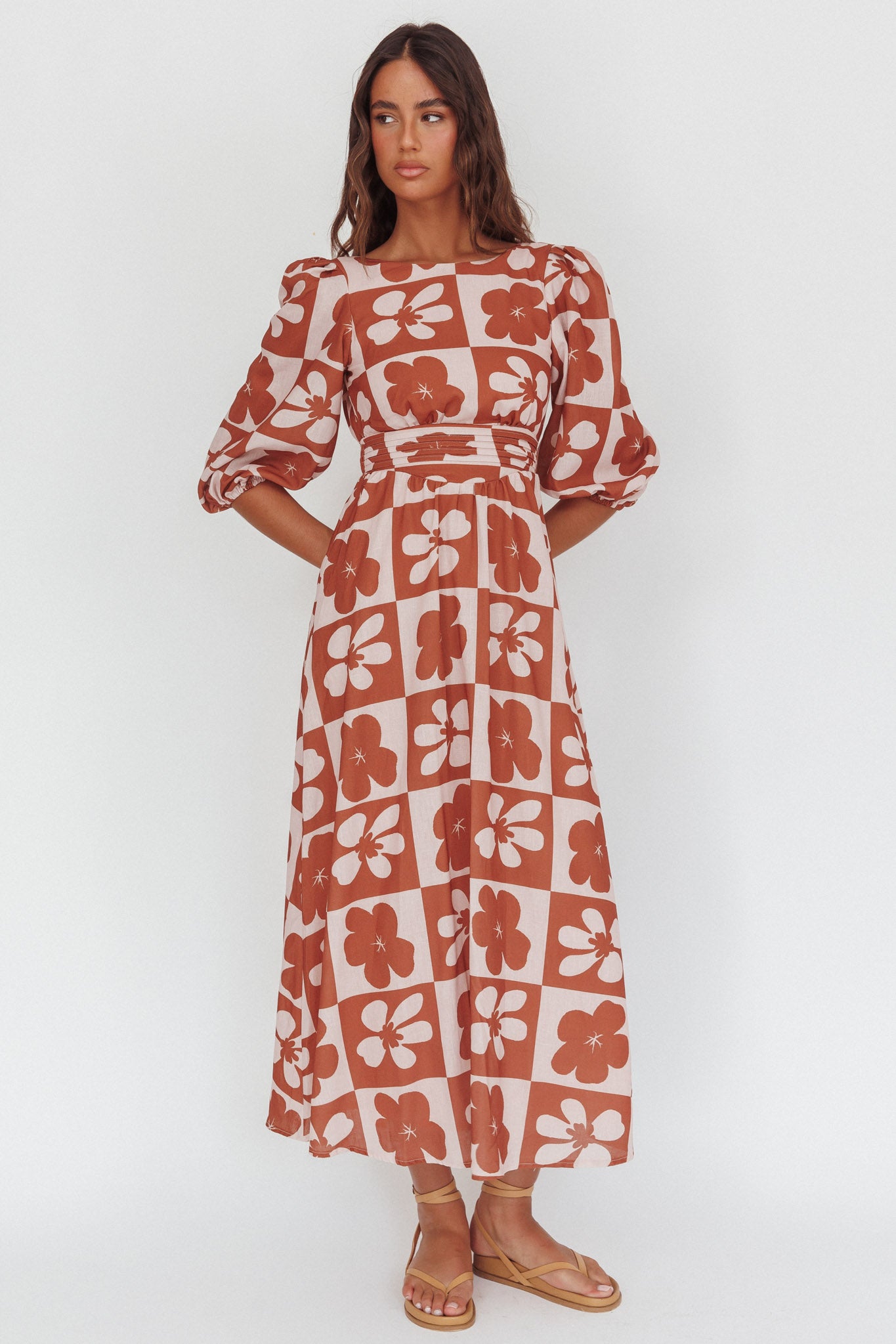 Transcendent Puff Sleeves Maxi Dress Floral Mocha L