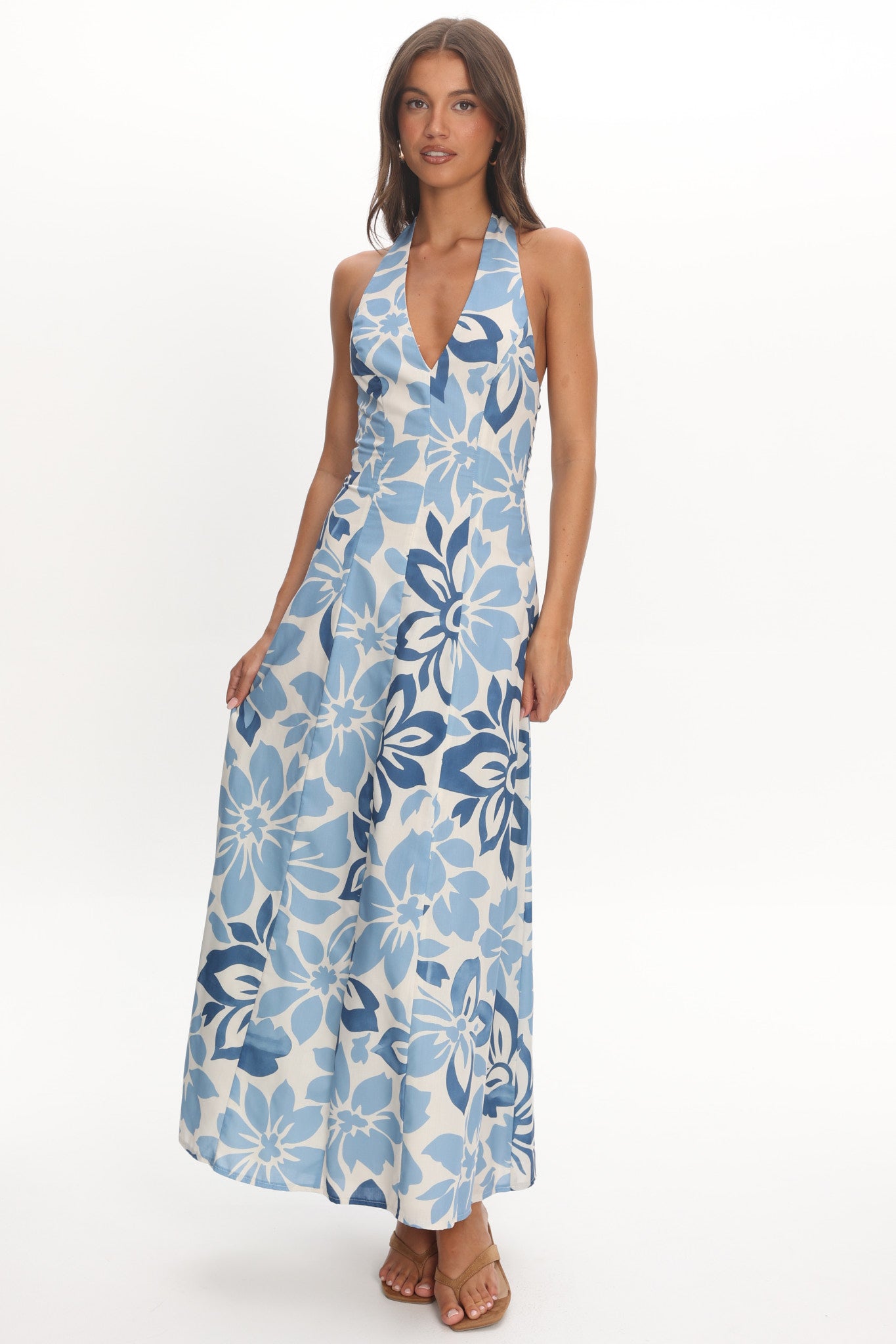 blue floral halter neck maxi dress Lioren Plunging Halterneck Maxi Dress Floral Blue XS