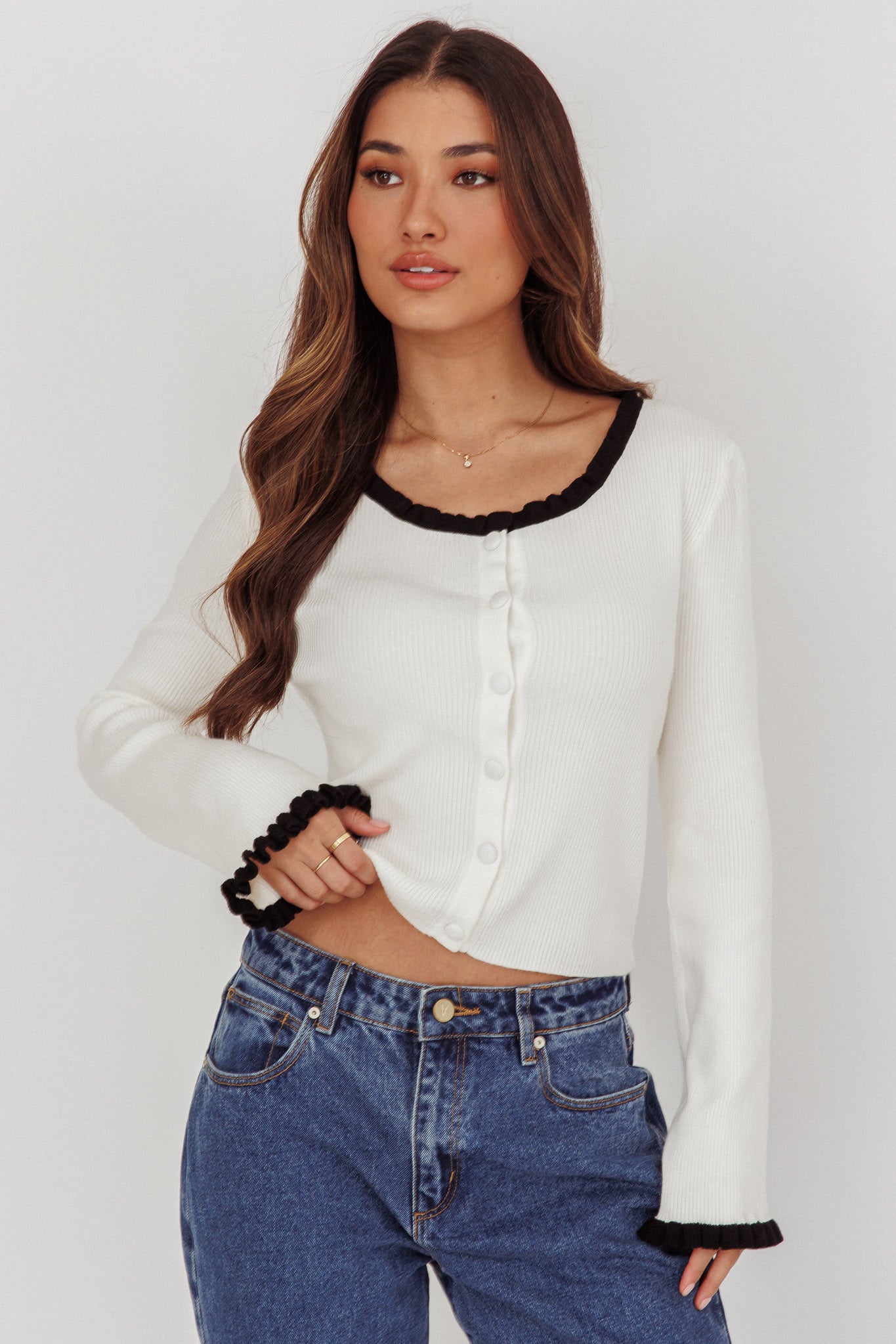 Oshan Ruffle Trim Cardigan Cream | Selfie Leslie