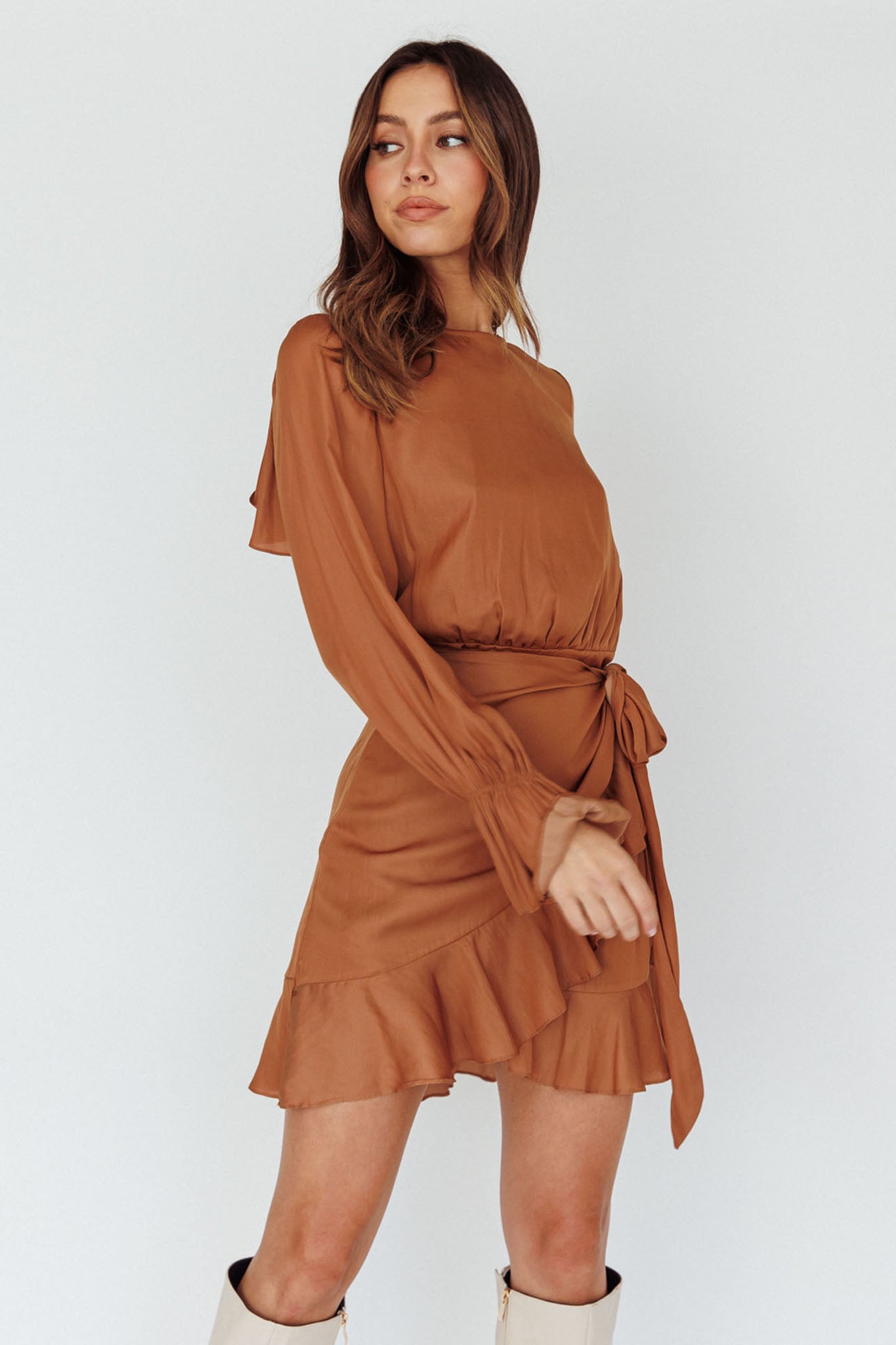 Darla Long Sleeve Satin Dress Tan Darla Long Sleeve Satin Dress Tan