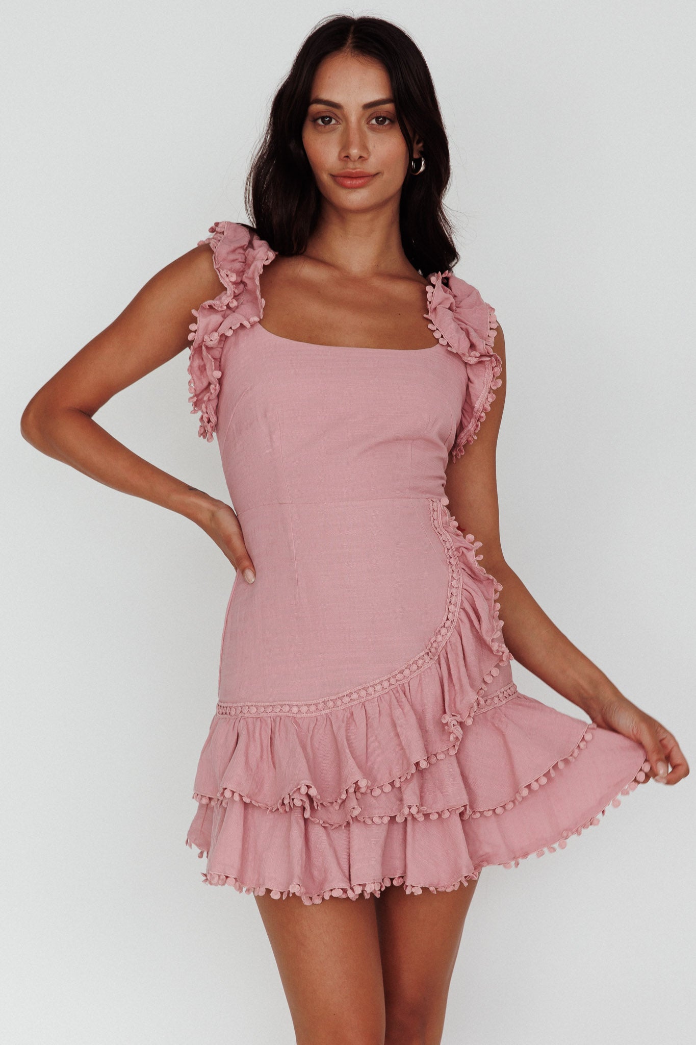 Annie Ruffle Shoulder Strap Dress Dusty Pink Selfie Leslie Annie Ruffle Shoulder Strap Dress Dusty Pink Selfie Leslie
