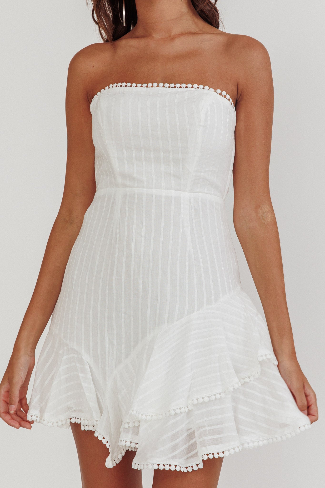 Candy Strapless Layered Ruffle Hem Dress White by Selfie Leslie