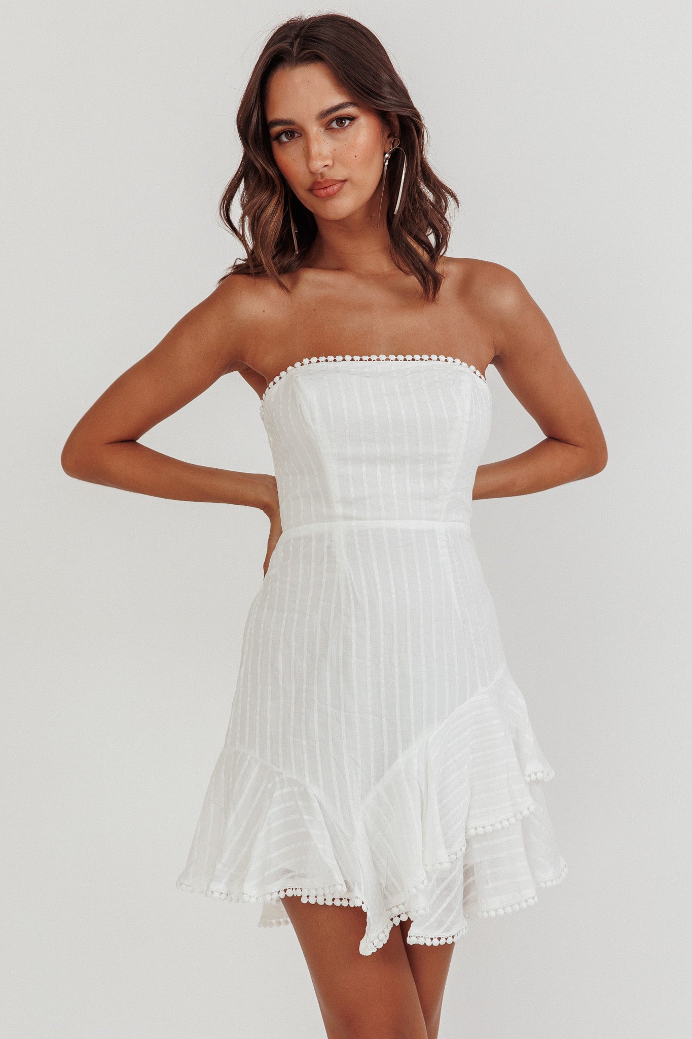 Candy Strapless Layered Ruffle Hem Dress White by Selfie Leslie