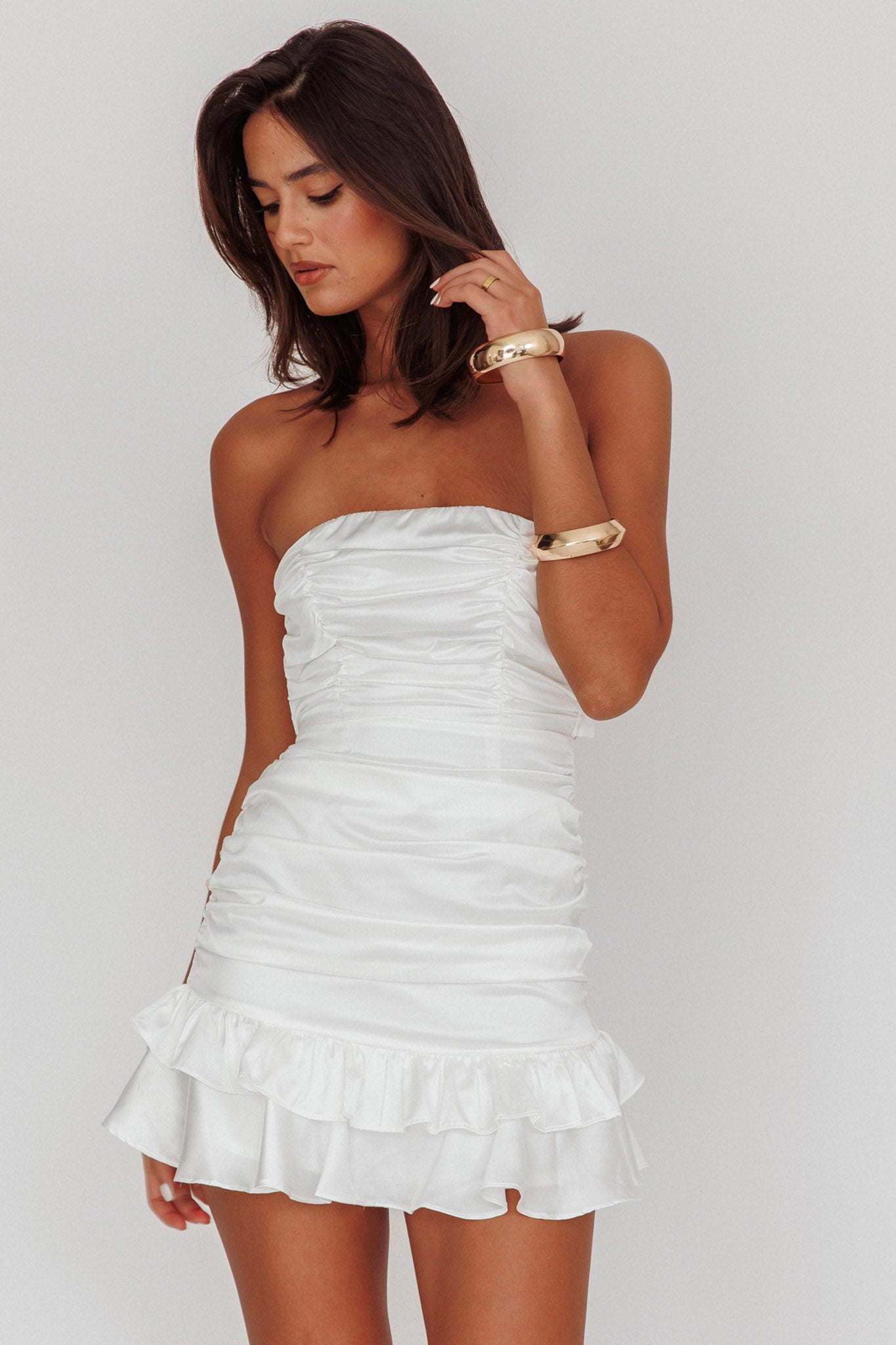 Annabella Strapless Tied Back Satin Mini Dress White - L Annabella Strapless Tied Back Satin Mini Dress White - L