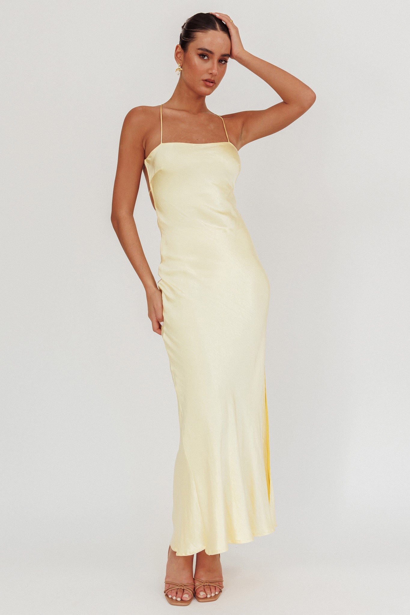 love&lemonade ruched detail backless floor length slip dress Backless Ruched Tight Designer Prom Dress with Train Black / 00