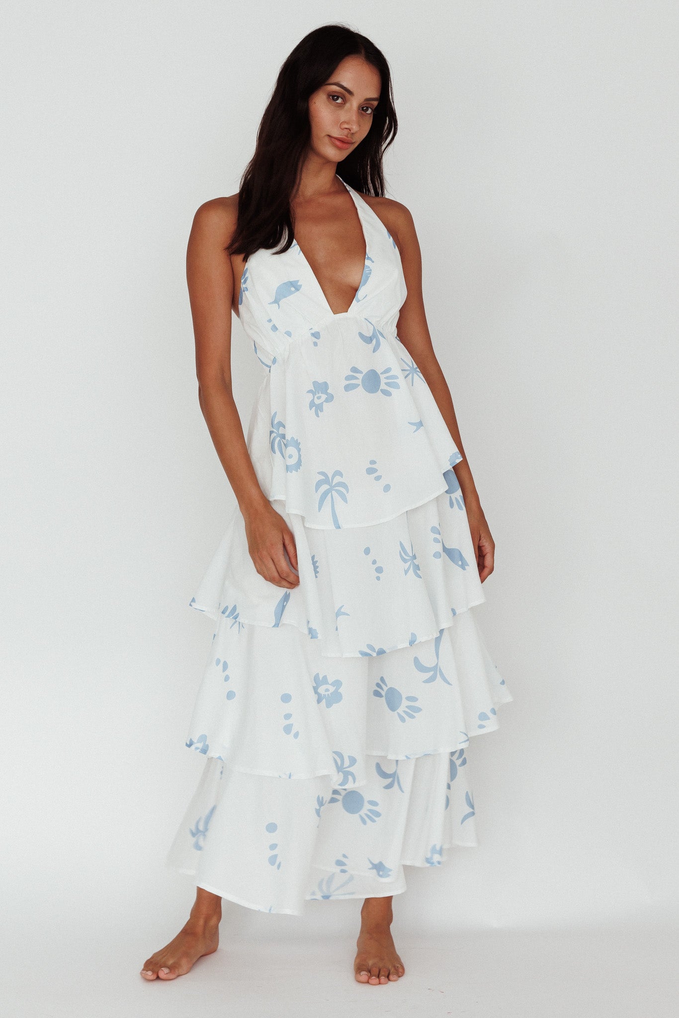 Catalina Tiered Ruffle Maxi Dress White Blue Catalina Tiered Ruffle Maxi Dress White Blue