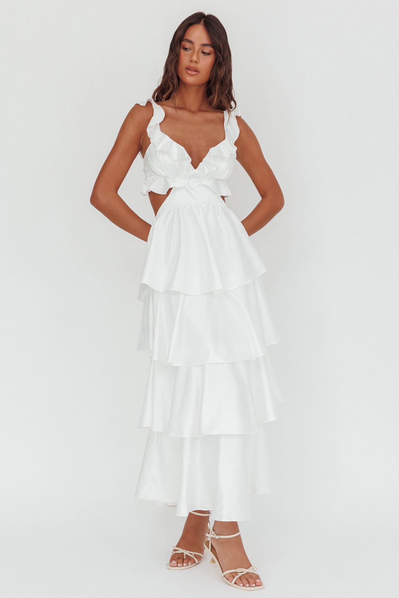 Catalina Tiered Ruffle Cut-Out Maxi Dress White Catalina Tiered Ruffle Cut-Out Maxi Dress White