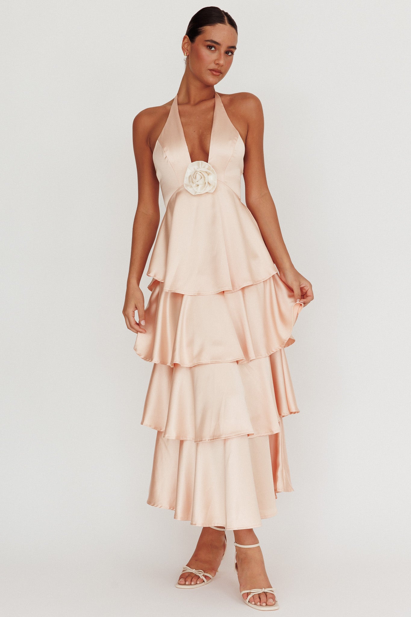 Catalina Tiered Ruffle Rosette Maxi Dress Peach– Selfie Leslie