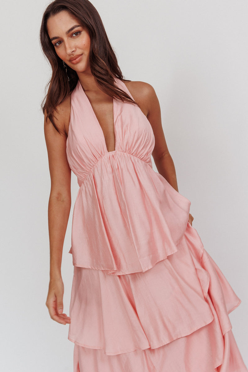 Dreamy Clouds Tulle Printed Rose Detail Cutout Ruffles Tiered Halter Maxi Dress