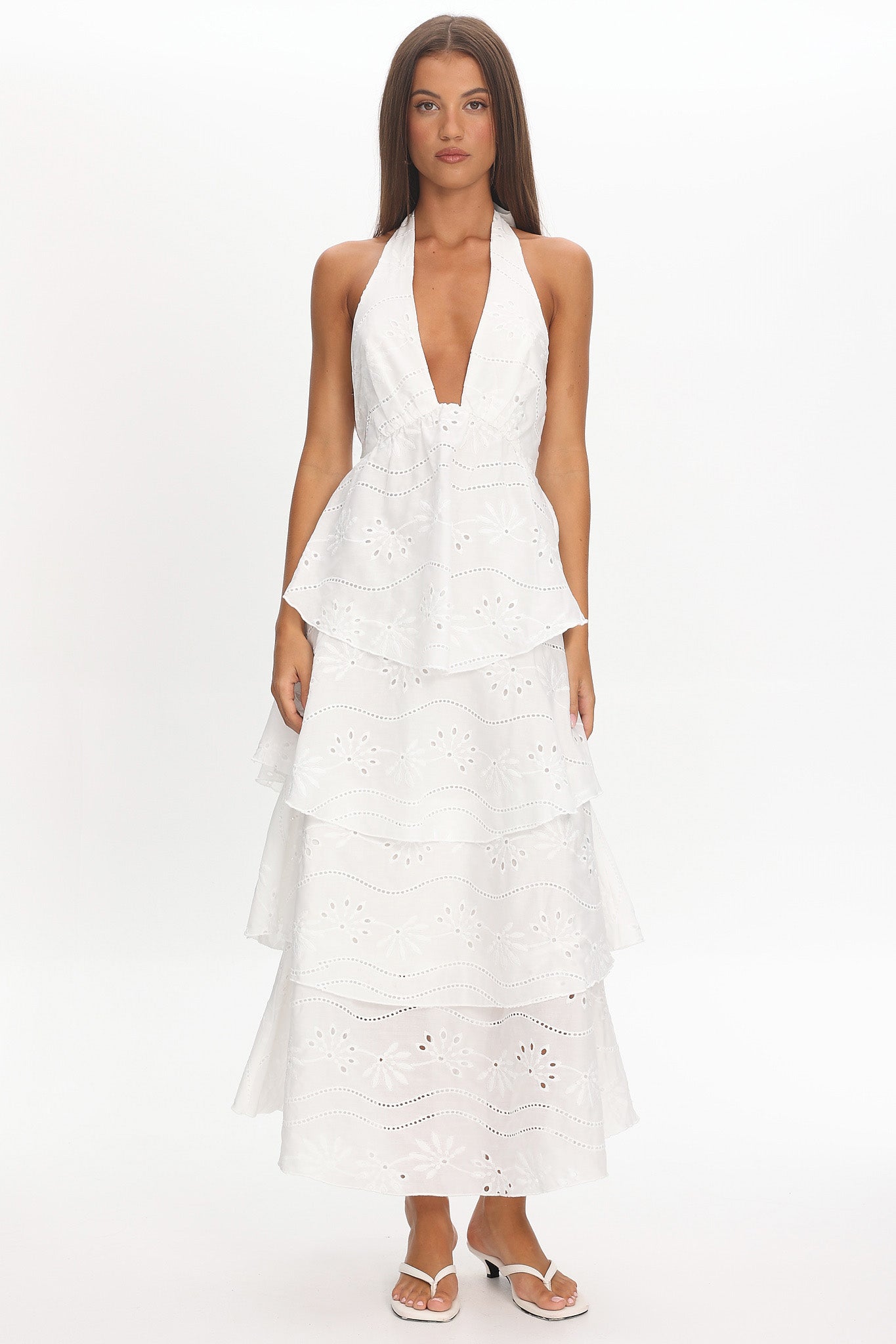 Catalina Tiered Halter Maxi Dress Eyelet White