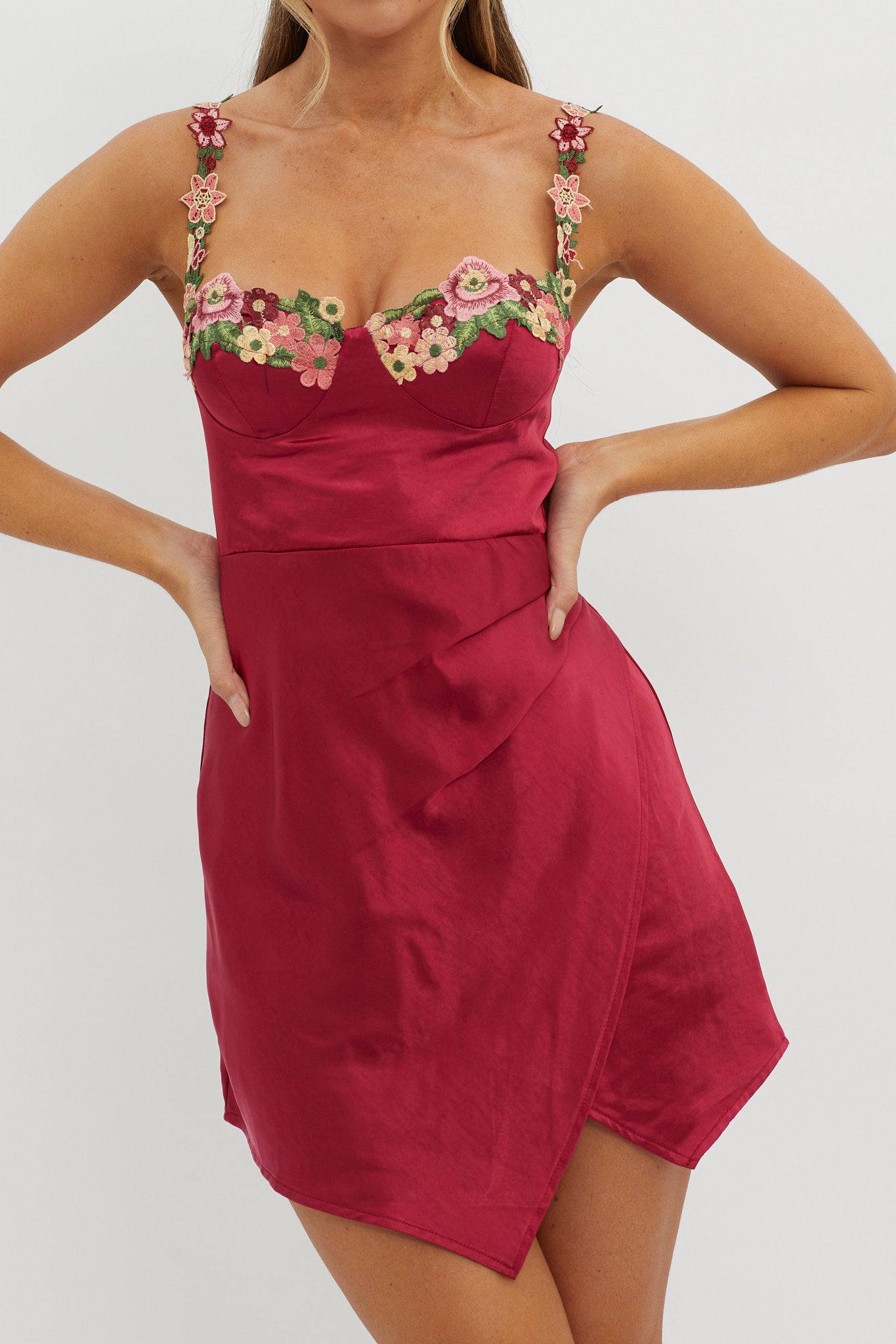Rose Garden Floral Applique Wrap Mini Dress Merlot | Selfie Leslie Rose Garden Floral Applique Wrap Mini Dress Merlot | Selfie Leslie