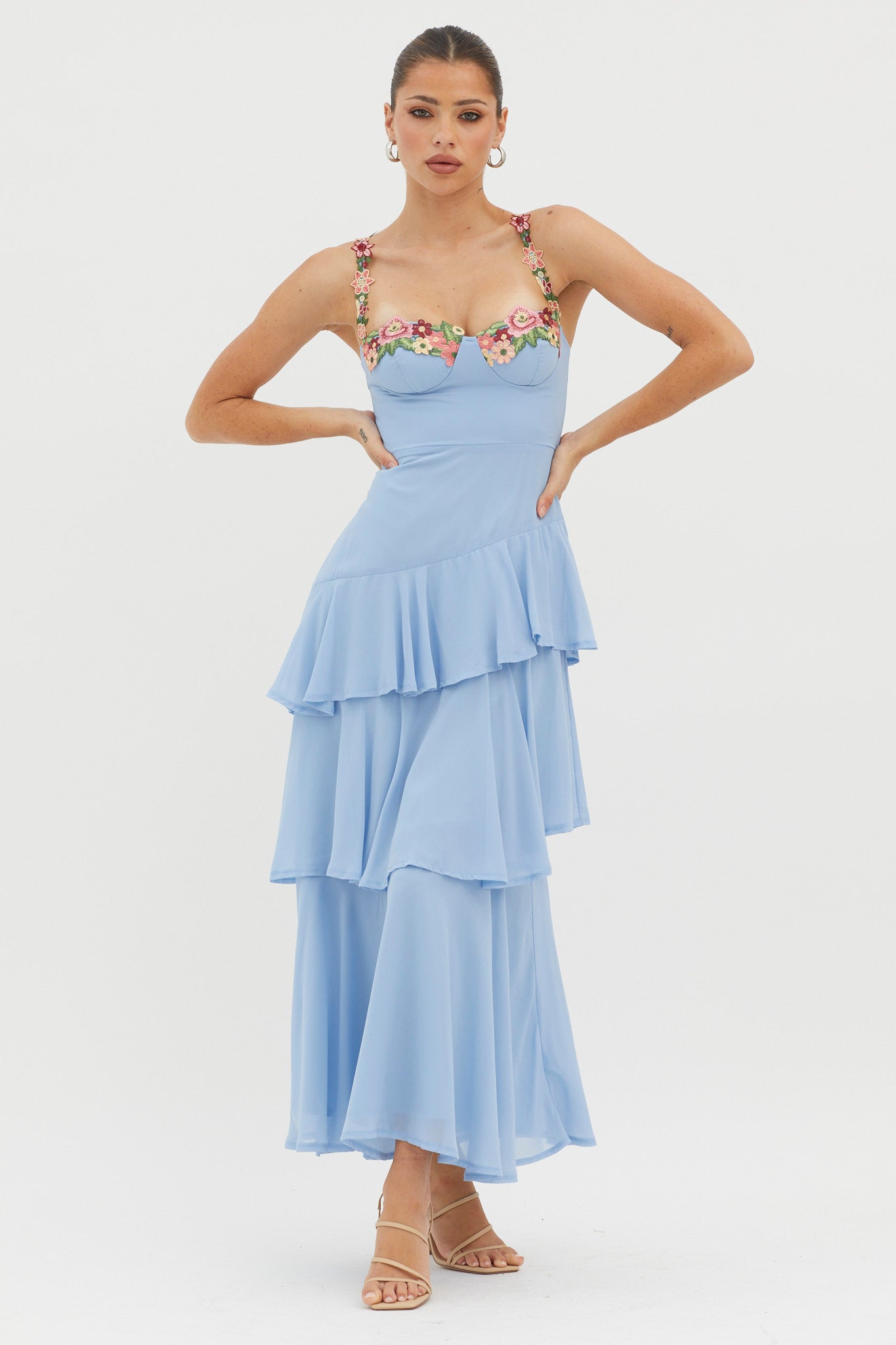 Rose Garden Tiered Ruffle Floral Trim Dress Blue | Selfie Leslie Rose Garden Tiered Ruffle Floral Trim Dress Blue | Selfie Leslie