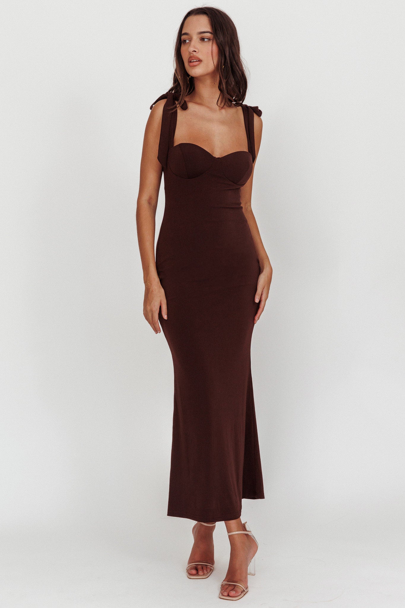 Rose Garden Tied Shoulder Maxi Dress Brown L Rose Garden Tied Shoulder Maxi Dress Brown L