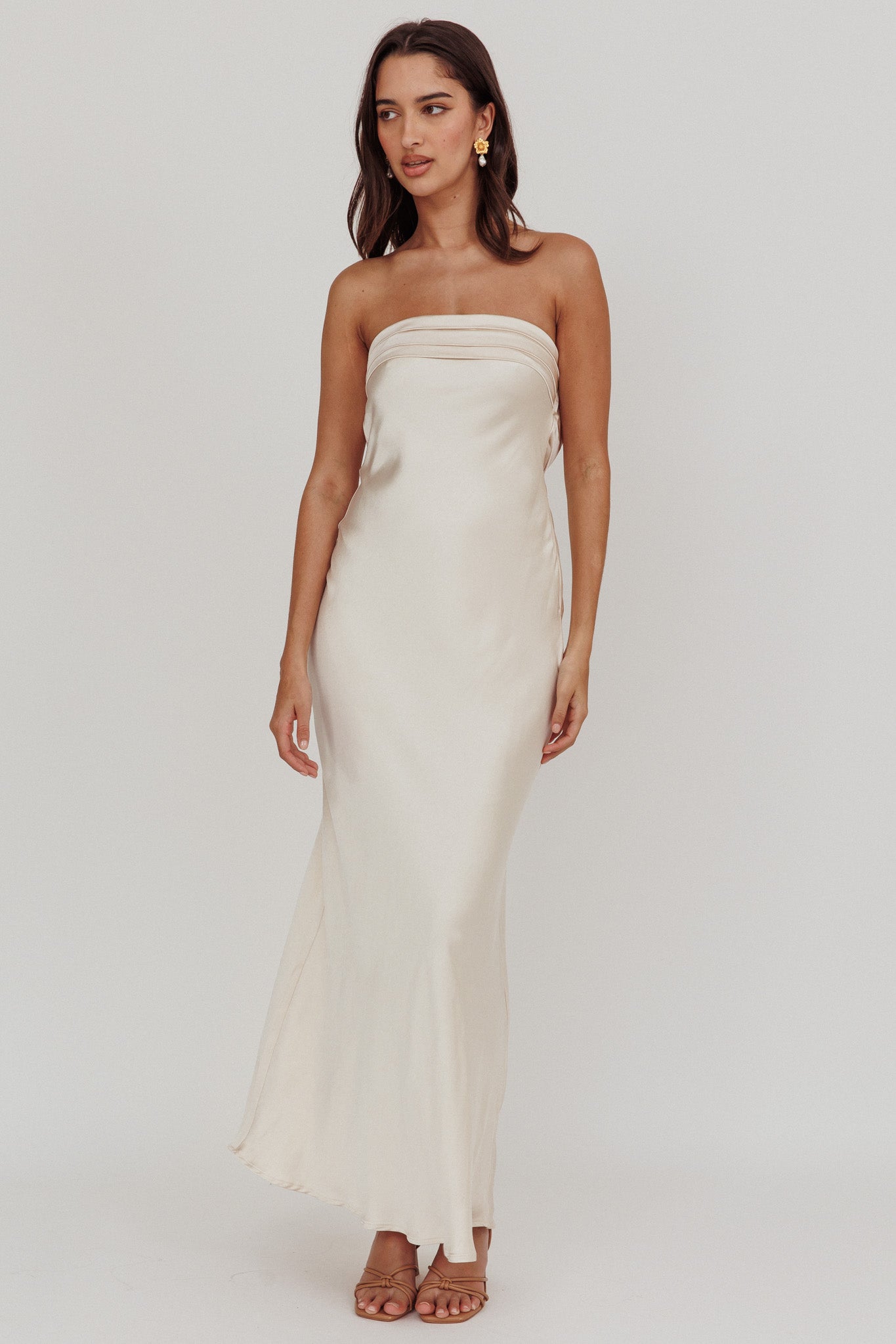 Kona Strapless Pleated Bust Satin Maxi Dress Champagne - XL Kona Strapless Pleated Bust Satin Maxi Dress Champagne - XL