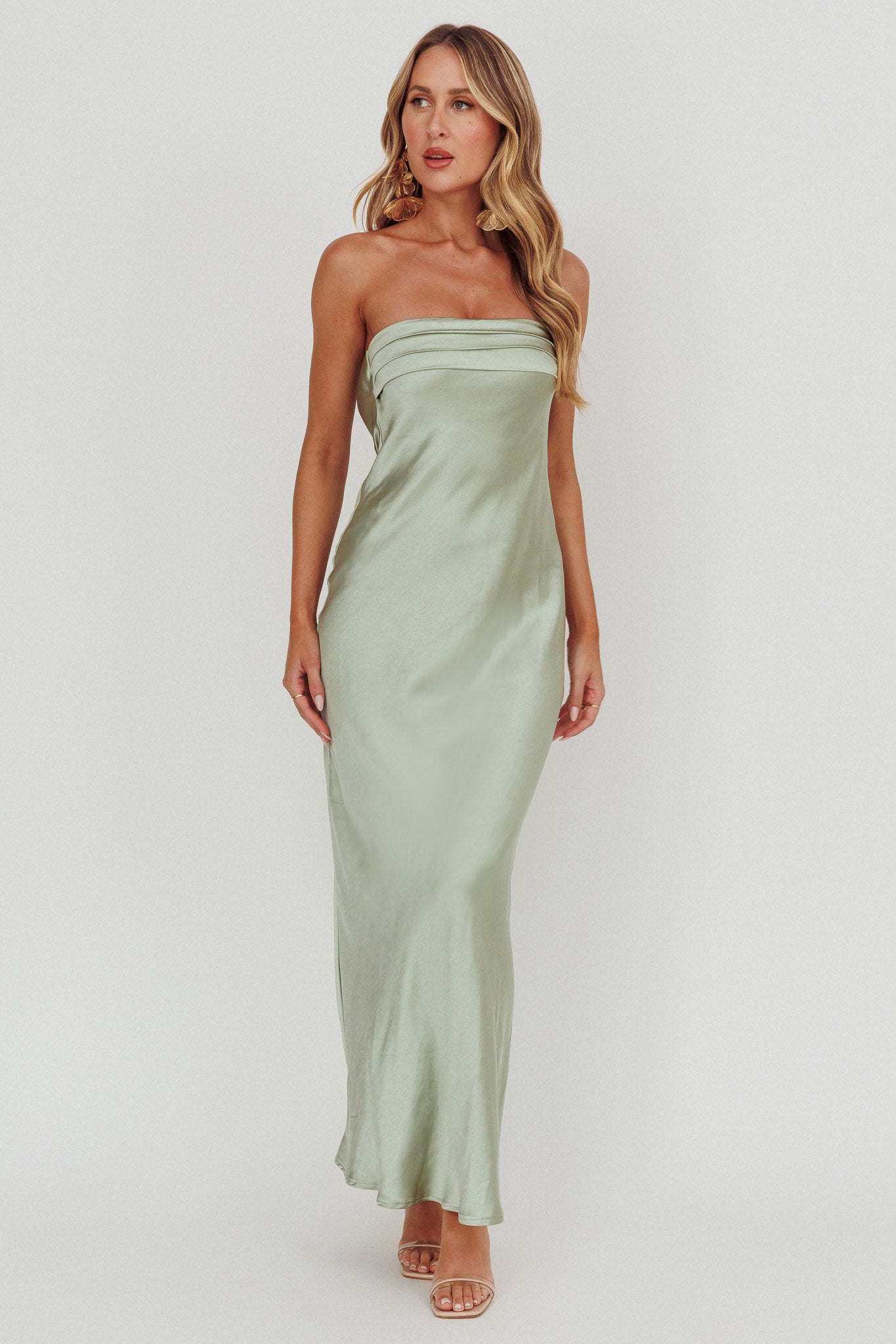 Kona Strapless Pleated Bust Satin Maxi Dress Sage Kona Strapless Pleated Bust Satin Maxi Dress Sage