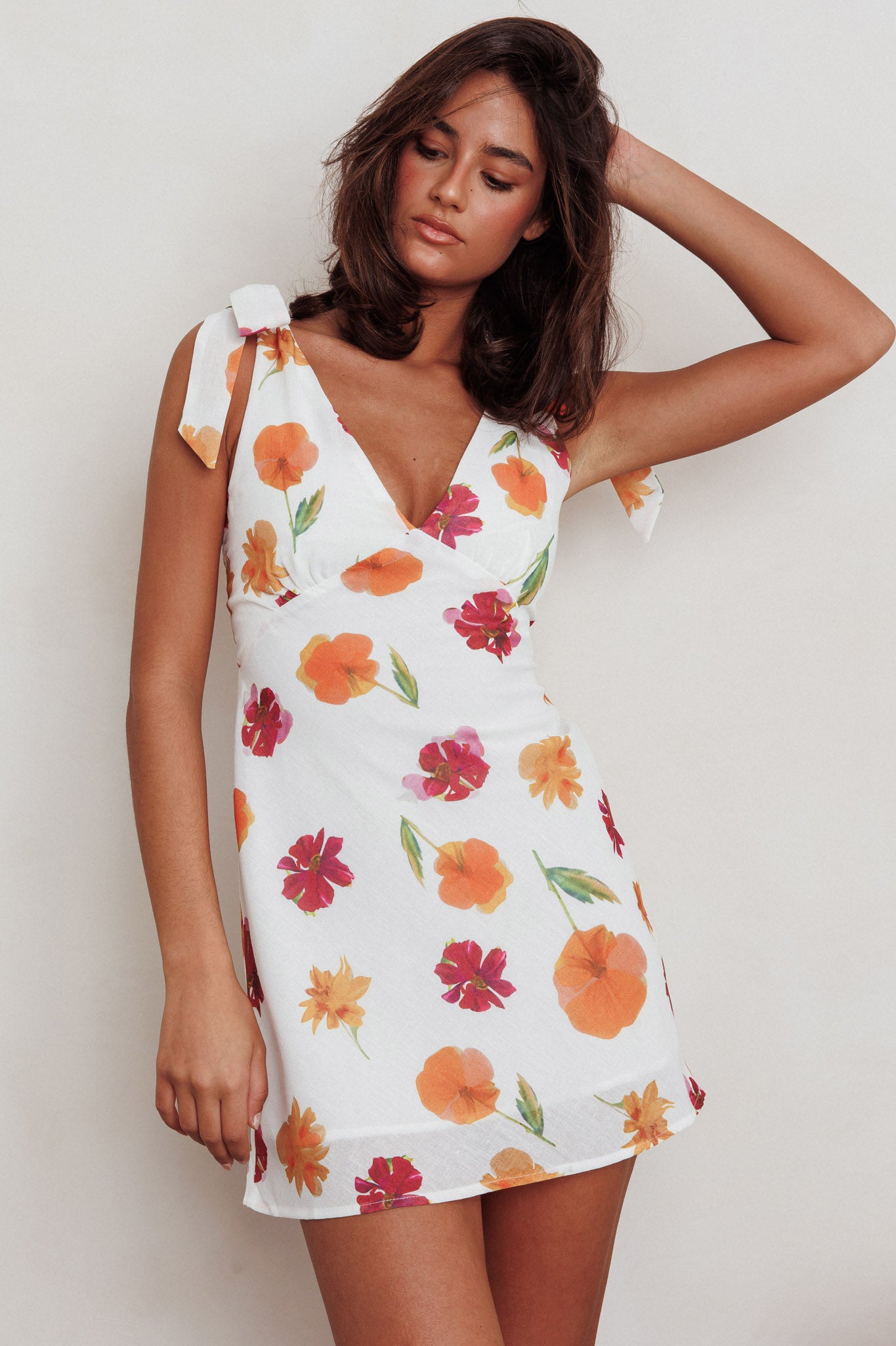 mykonos morning tied shoulder mini dress Flower Orange global-season_l1-PF26 Featuring tied shoulders and Types of Dresses: The Size:64L