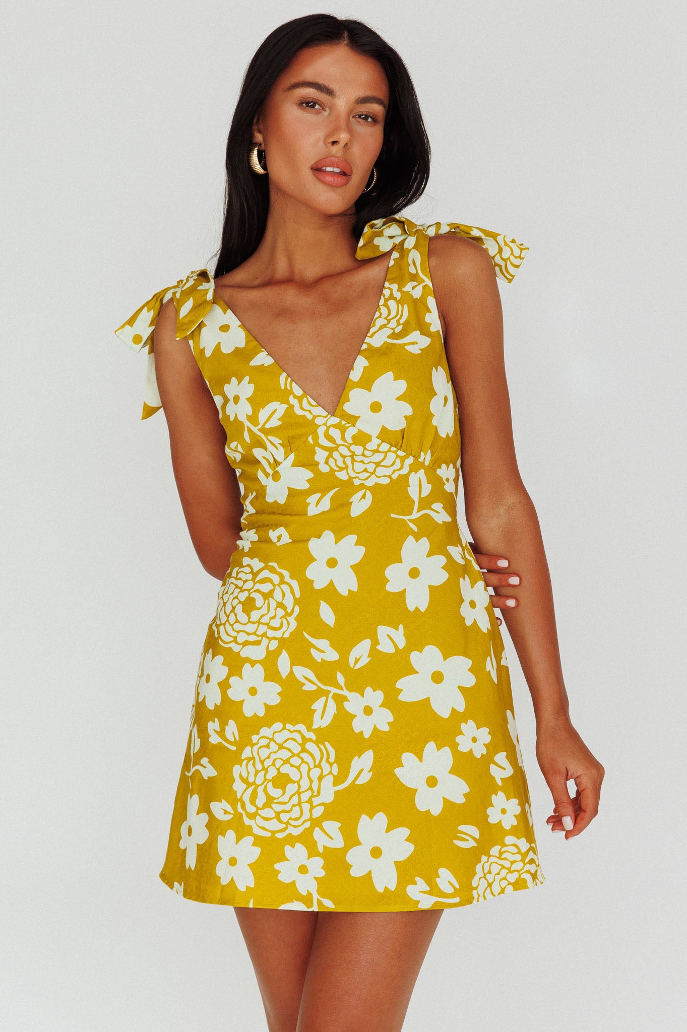 mykonos morning tied shoulder mini dress Mykonos Morning Tied Shoulder Mini Dress Floral Tan