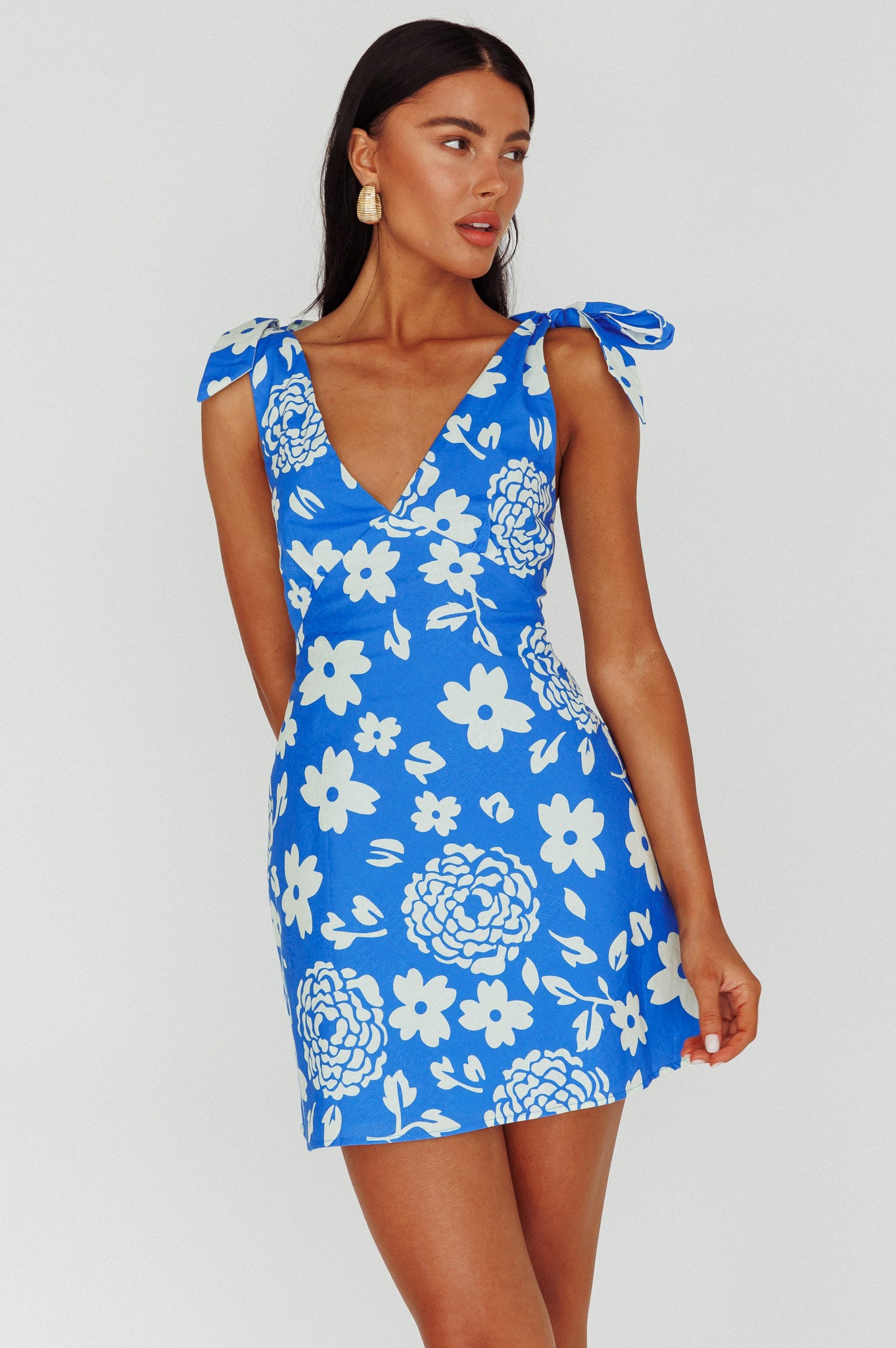 Mykonos Morning Tied Shoulder Mini Dress Floral Ocean– Selfie Leslie