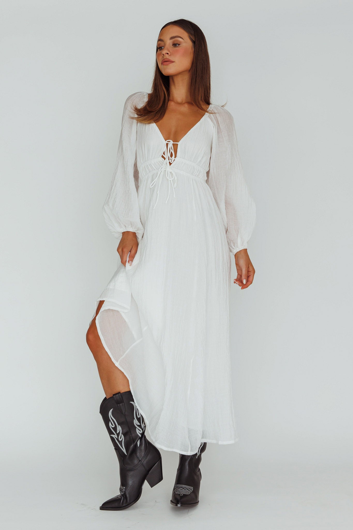Kylin Balloon Sleeve Tied Bust Maxi Dress White Selfie Leslie Kylin Balloon Sleeve Tied Bust Maxi Dress White Selfie Leslie